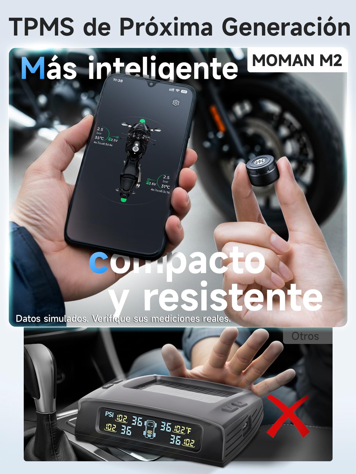 Moman Sistema TPMS Moto 2 Sensores, Monitor Presión y Temperatura Neumáticos con Alarma Manómetro de Presión de Neumáticos, Inalámbrico Solo iOS