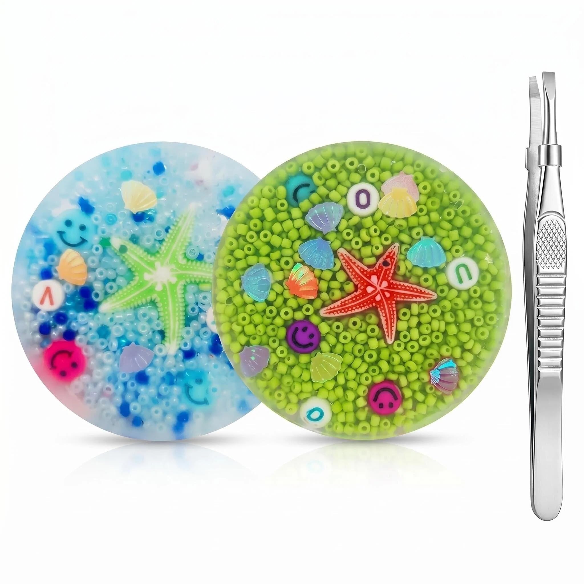 MIGIFTDY 2Pcs Skin Picking Fidget Pad, Silicone Sensory Stress Relief Toy with Tweezers, Green Blue Portable Anxiety Calming Fidget Toy for Adults Teens Daily Relaxation