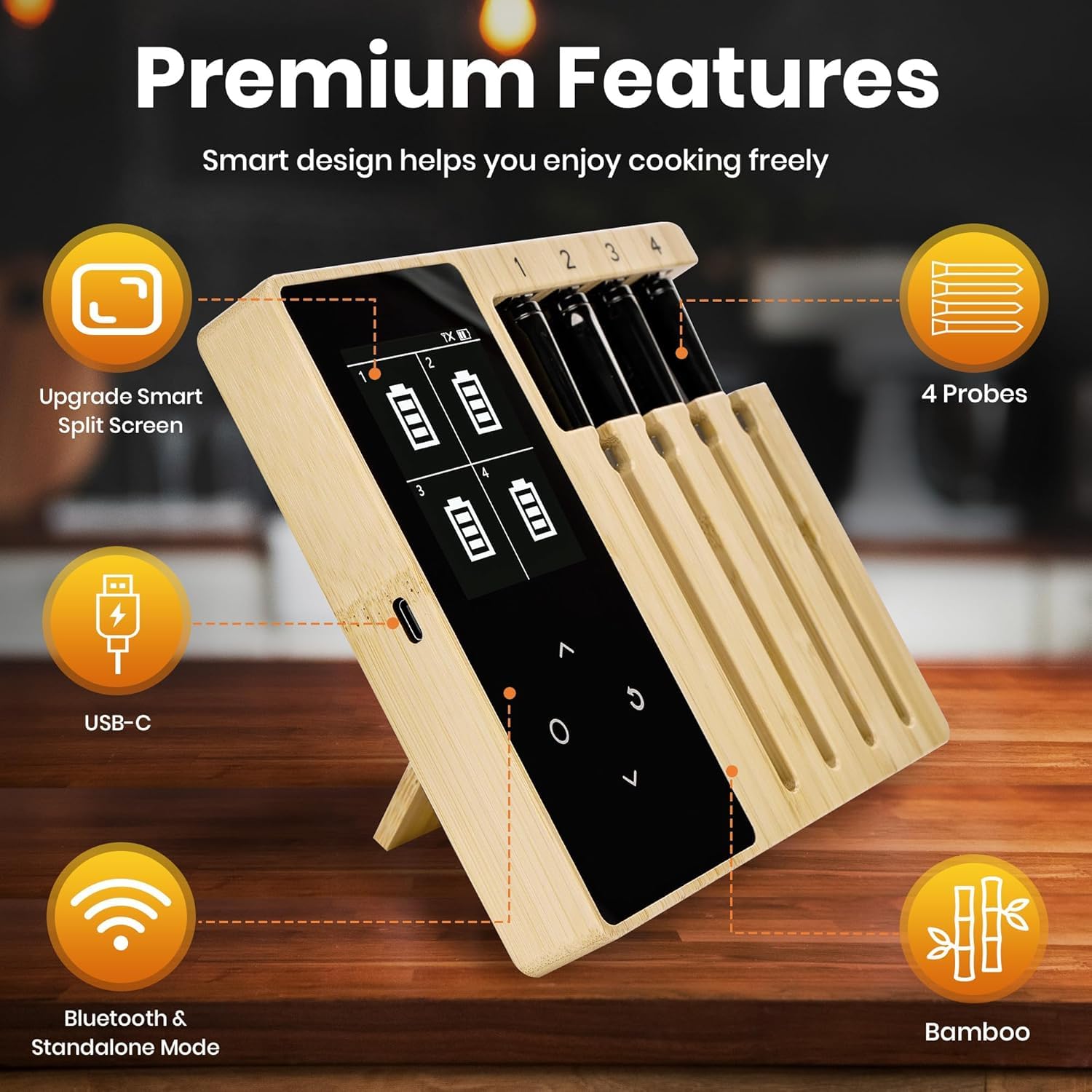 Wireless Meat Thermometer with 4 Probes: WiFi & Bluetooth for Grill, Smoker, Rotisserie. App Monitor for iOS/Android, Waterproof Heat-Resistant Probes, Long Range, Dishwasher Safe Digital Design.