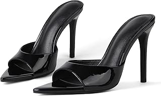 Womens Sandals Open Toe Stiletto High Heeled Slip On Dress Mules | Patent Leather, Backless, Pointed Peep Toe, 4 inch Heels, Comfort Elegant Sandal Heels, Office Party Prom Wedding Shoes