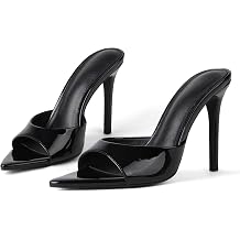 Womens Sandals Open Toe Stiletto High Heeled Slip On Dress Mules | Patent Leather, Backless, Pointed Peep Toe, 4 inch Heels, Comfort Elegant Sandal Heels, Office Party Prom Wedding Shoes