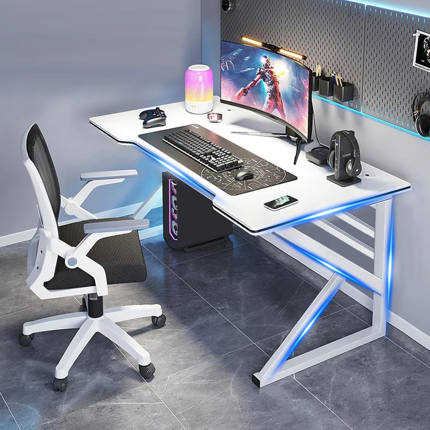 Yoawllty Gaming Desktop Computer Desk 1.4m/55.1in,Ergonomic Home Office Desk Gaming Table PC Computer Gaming Desk, Workstation for Gift Idea (White,L140cm*W60cm* H75cm)