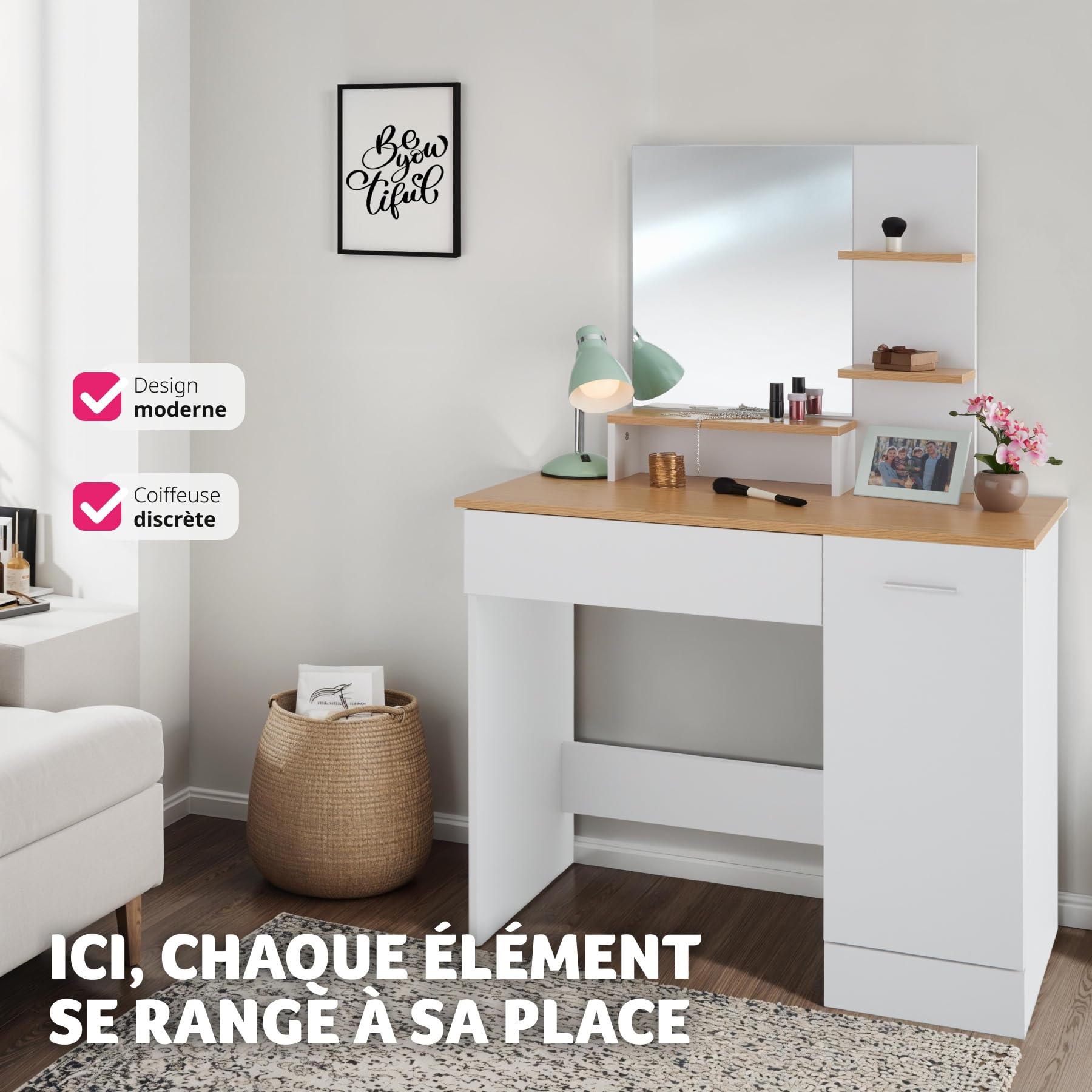 tectake® Coiffeuse avec Miroir Table de Maquillage Vanity Desk Moderne avec 3 étagères 1 tiroir, 1 Compartiment à Porte Rangement Maquillage Meuble Coiffeuse Adulte Femme Blanc/Hêtre