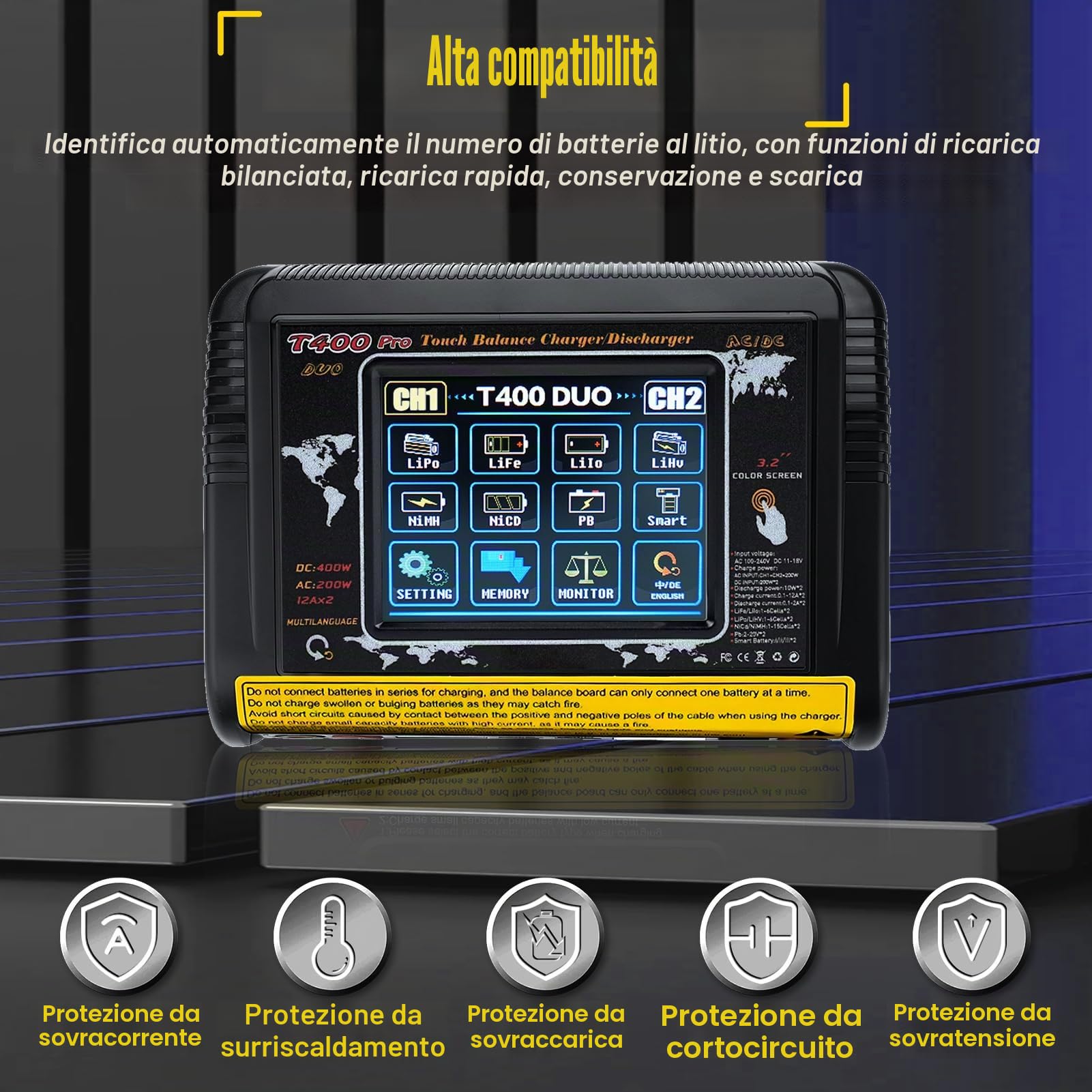 BuyWeek T400 PRO RC Caricabatterie Bilanciamento AC200W/DC400W 12A carica batteria per auto 3,2 pollici touch screen caricabatterie litio alta precisione per LiPo/Lilon/LiFe/NiMH/NiCd/PB/NiMH