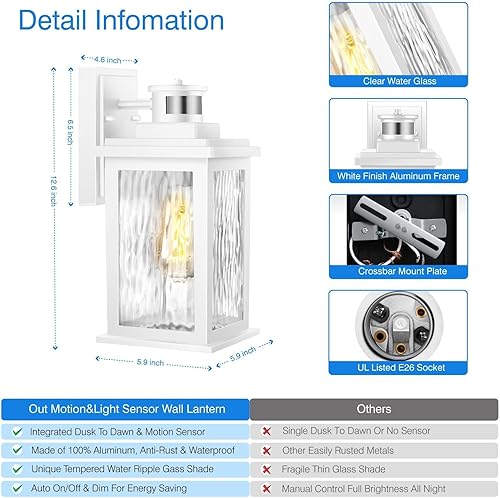 Miniatura 8 de VIANIS Paquete de 2 faroles de pared para exteriores con sensor de movimiento, iluminación blanca del atardecer al amanecer, montaje de pared,