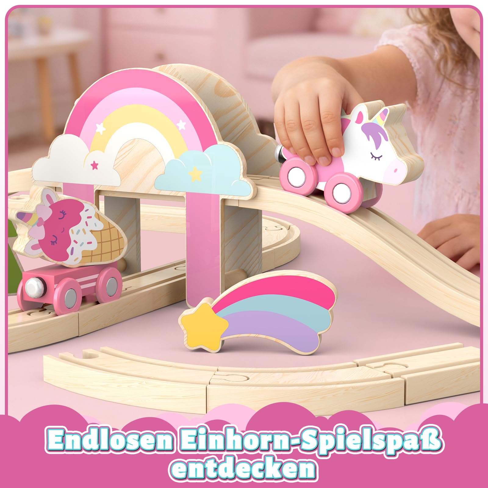 Lehoo Castle Holzeisenbahn für Mädchen, Einhorn Geschenk Mädchen 3 Jahre, Rose Spielzeug ab 3 4 5 Jahre Mädchen, Holzeisenbahn Zubehör