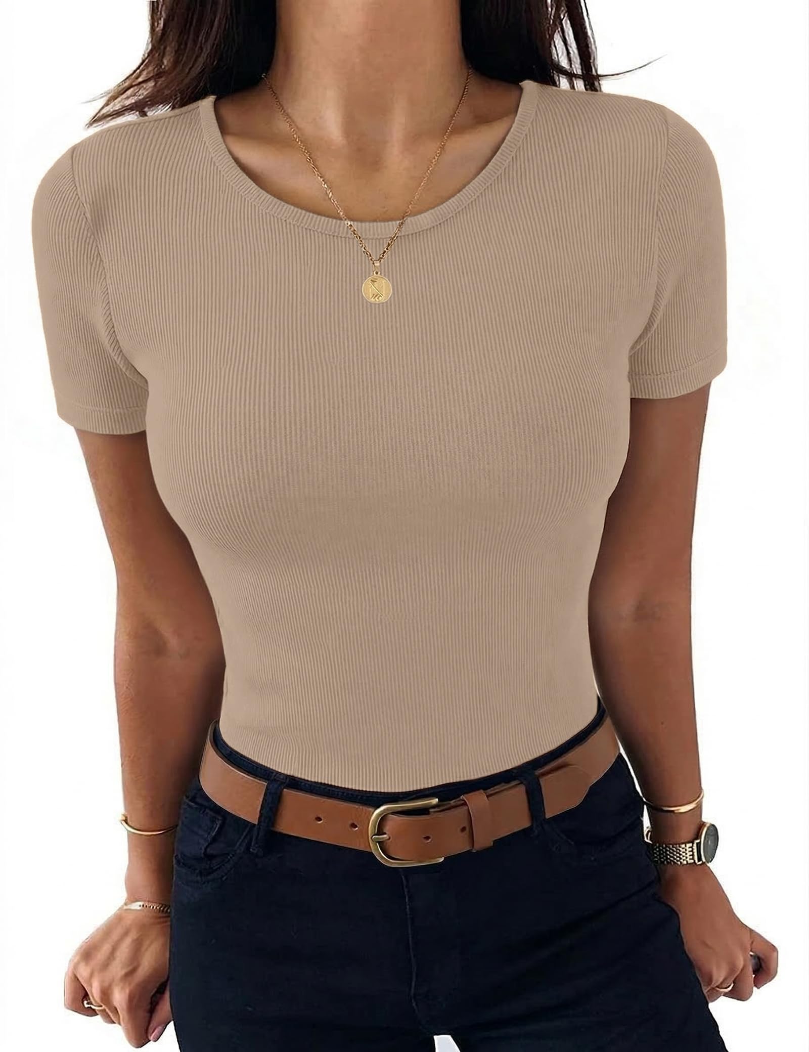 Aottori Damen T-Shirt Rundhals Sommer Oberteile Kurzarm Gerippt Basic Tee Shirts Elegant Slim Fit Tshirt Stretch Casual Tops Einfarbig