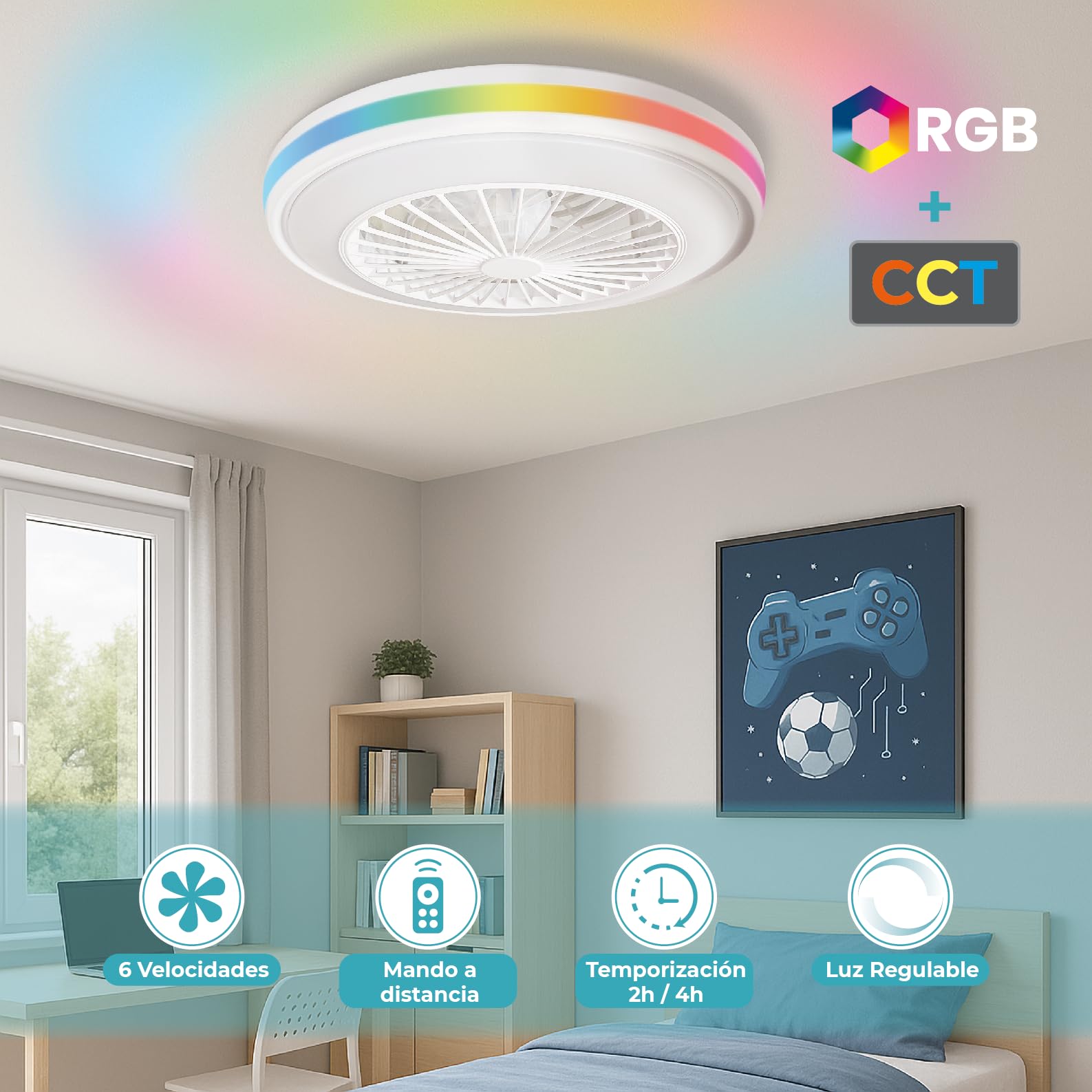 LED ATOMANT Ventilador Techo con Luz LED Ø50cm 63W CCT y RGB Regulable | 5000 Lumenes, Mando a distancia, Modo verano/invierno, 6 velocidades