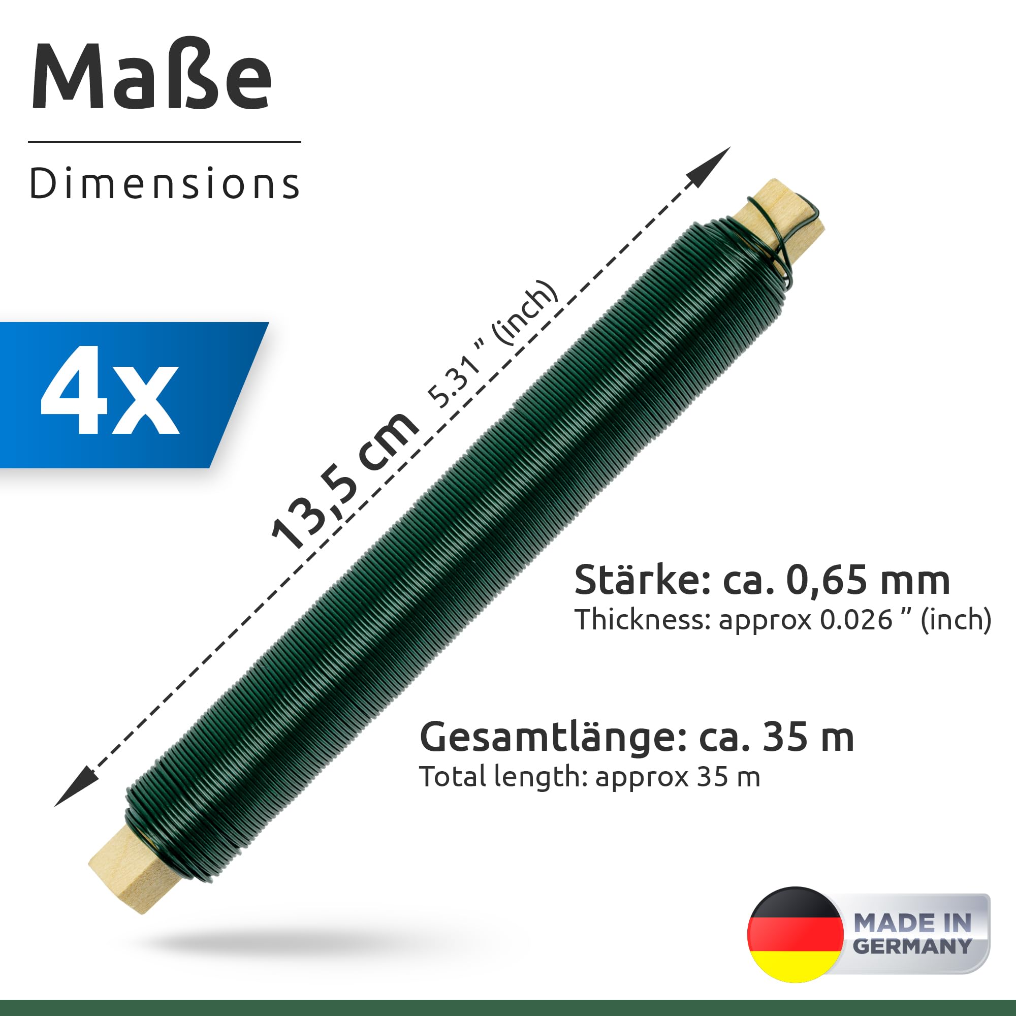 ECENCE Lot De 4 Fils De Fer Pour Fleurs Galvanisé 0,65 Mm | 35 M Par Bobine Sur Bois - Vert, Argent, Noir, Or, Rouge, Blanc Ou Mix
