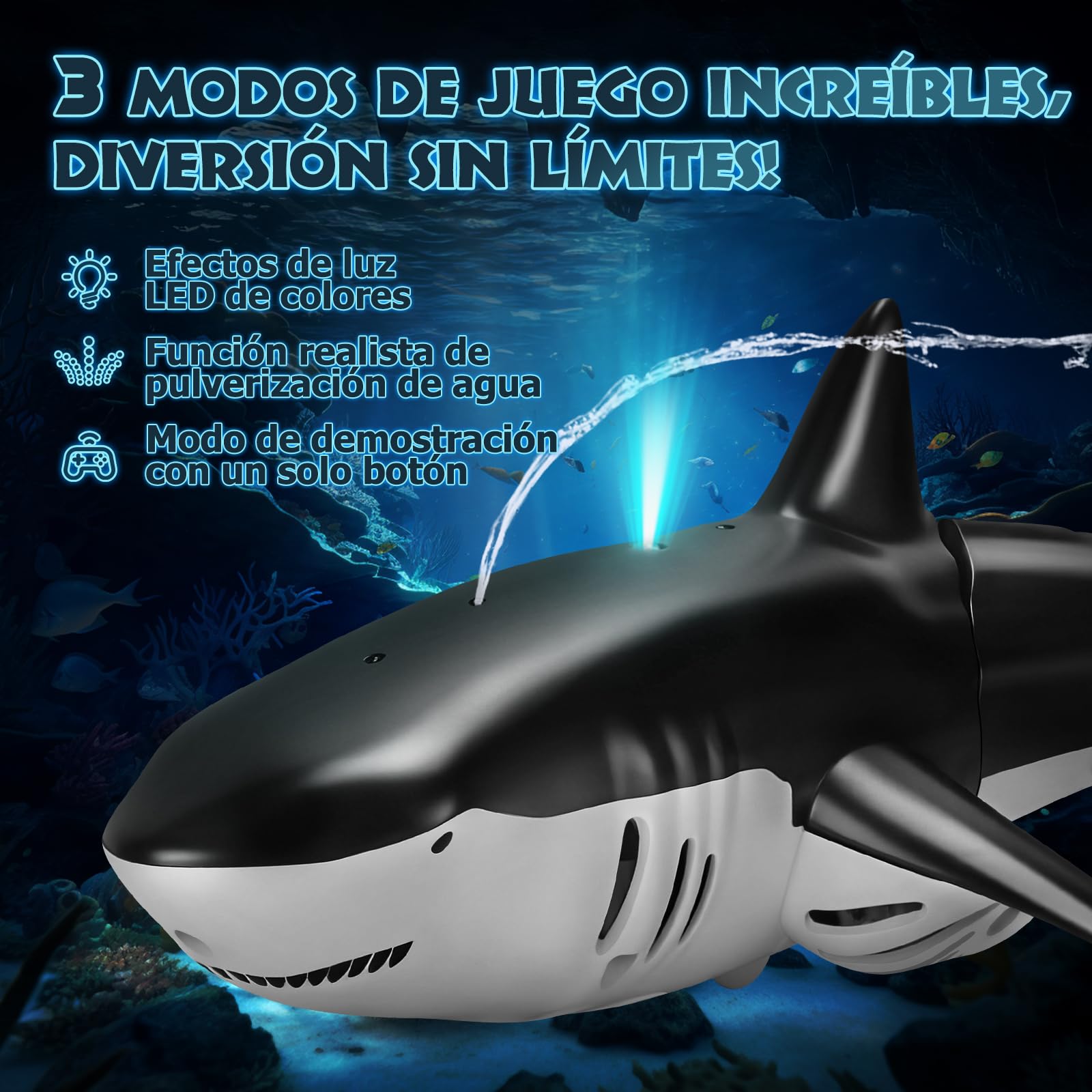 YOOHBERRYS Tiburón teledirigido, juguete de tiburón de 2,4 GHz, barco de tiburón teledirigido con función de pulverización de luz y agua, juguete de piscina regalo para niños de 6 años (negro)