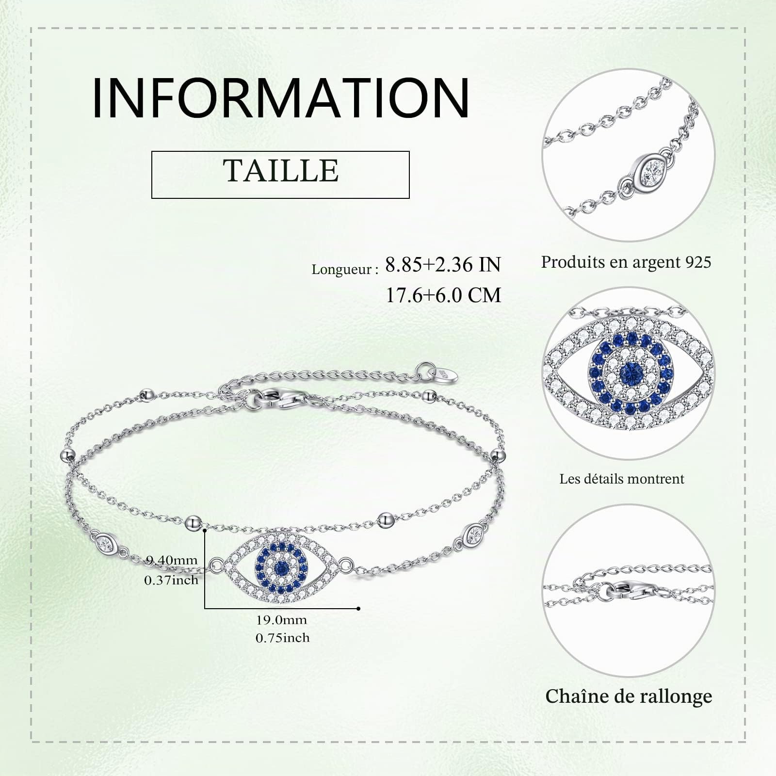VONALA Bracelet de cheville en argent sterling avec pendentif en forme de cœur celtique et mauvais œil/cœur infini, double couche avec oxyde de zirconium, bracelet de cheville réglable pour femme