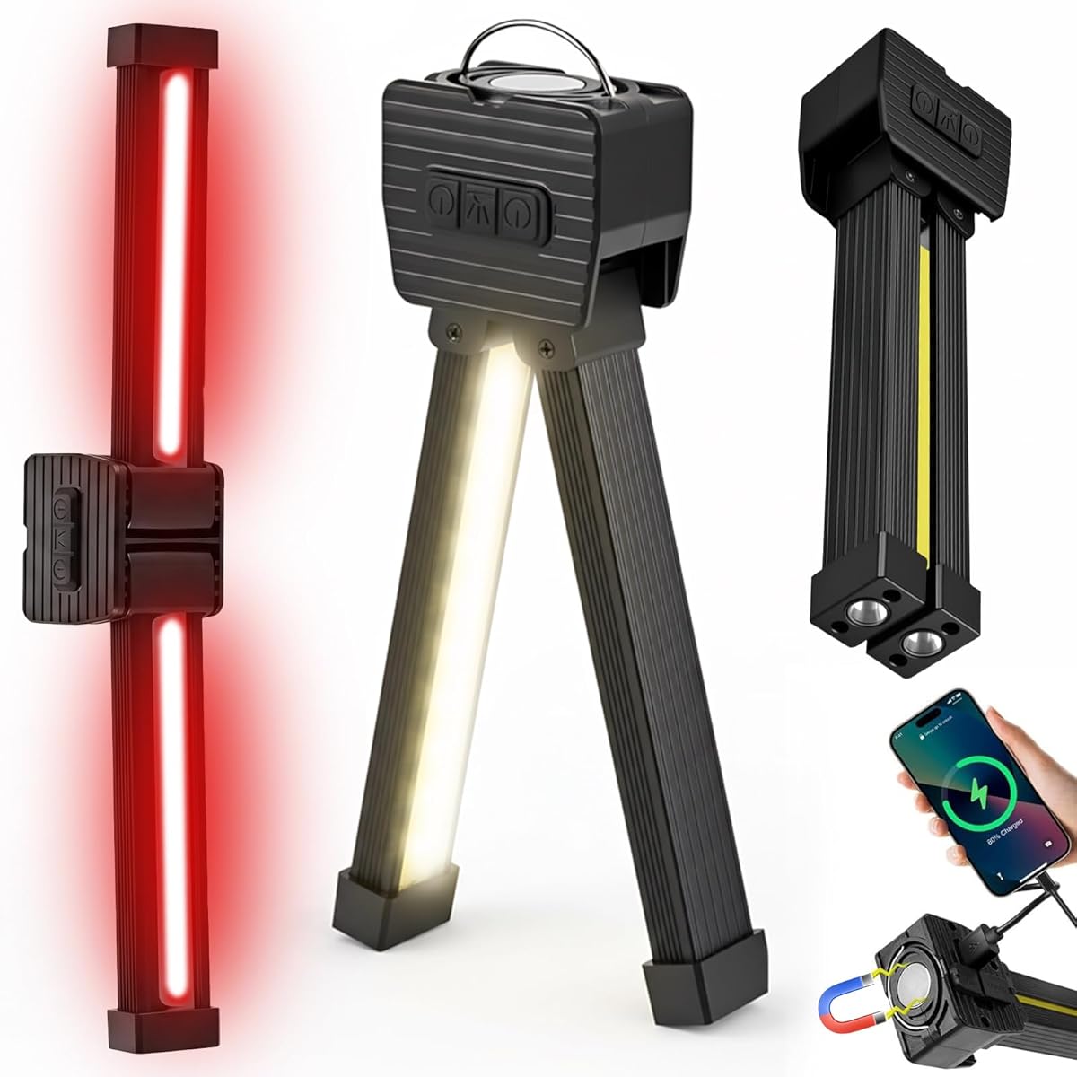 Gym Lamp, Portable Gym Lighting for Posing, Magnetic Work Light Rechargeable, 180°Rotate Foldable Camping Lamps with Hang Hook, Hiking Handheld LED Flashlight - Black