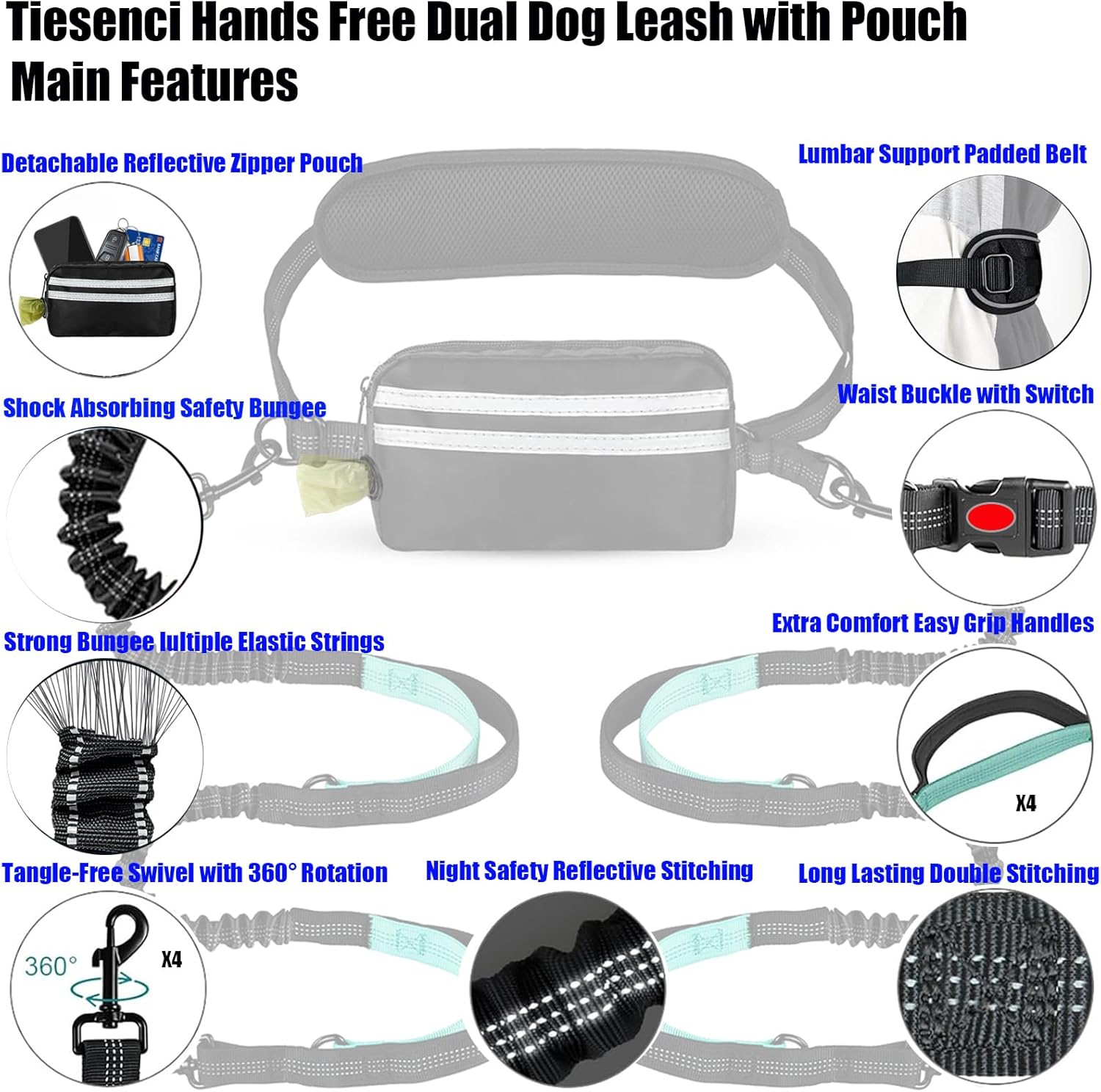 Hands Free Dog Leash Waist & Crossbody for Walking, No Pull Heavy Duty Bungee Double Dog Leash for Two Dogs with Pouch, Padded Handles & Reflective for Large Medium Dogs, Black