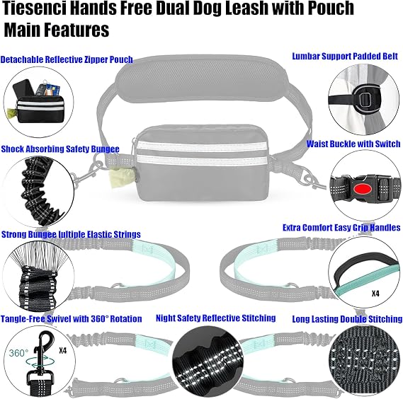 Hands Free Double Dog Leash No-Pull Bungee Black/Blue Large Dogs | Dual-dog waist/crossbody for Walking running, bungee no-pull, storage pouch, reflective, 2 padded handles