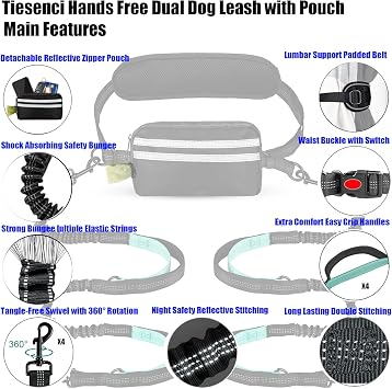 Hands Free Double Dog Leash No-Pull Bungee Black/Blue Large Dogs | Dual-dog waist/crossbody for Walking running, bungee no-pull, storage pouch, reflective, 2 padded handles
