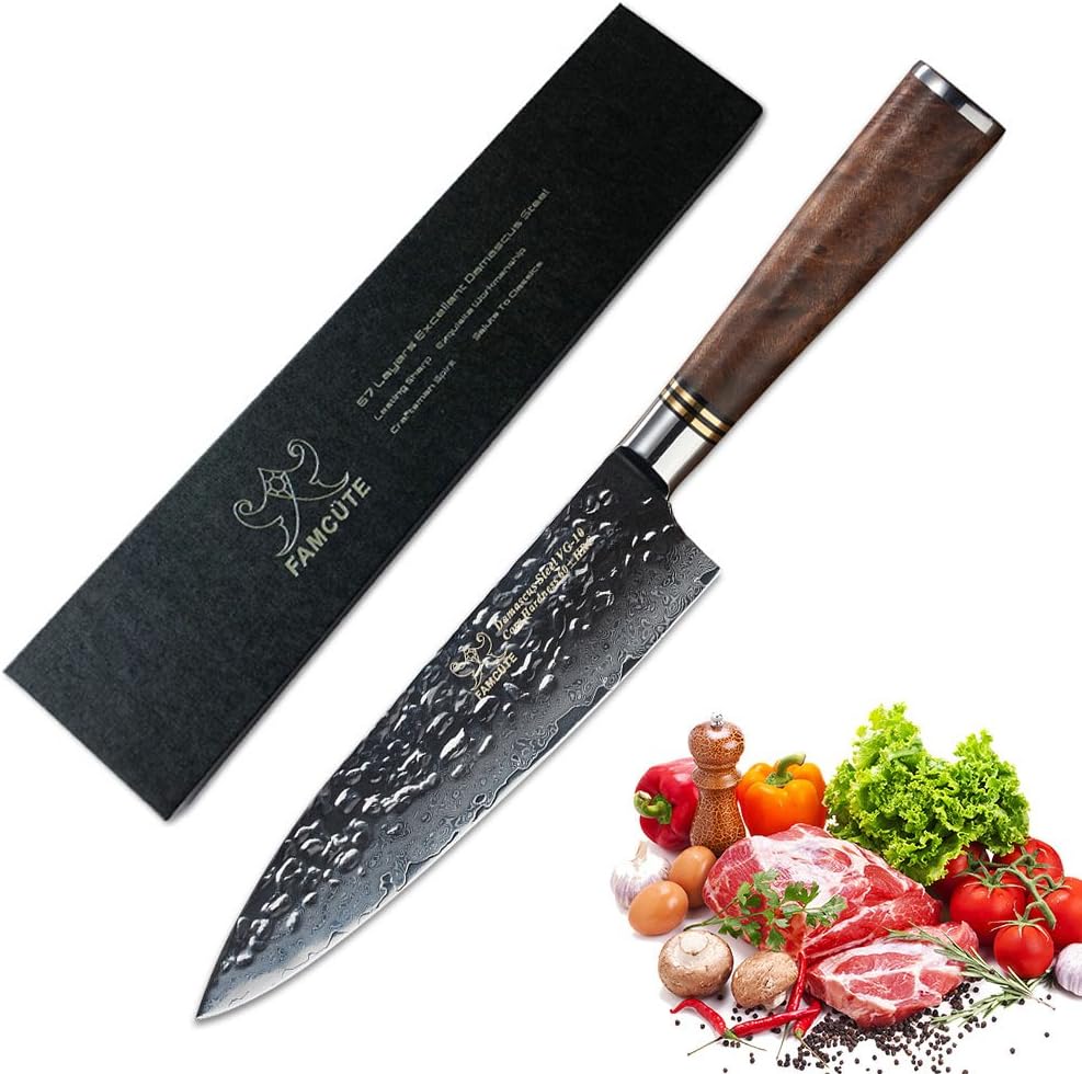 Chef Knife, 8 inch Sapele Wood Handle Damascus Kitchen Knife 67 Layers Japanese Handmade Damascus VG10 Steel Kitchen Knives (Hammer Finish) by:FAMCUTE