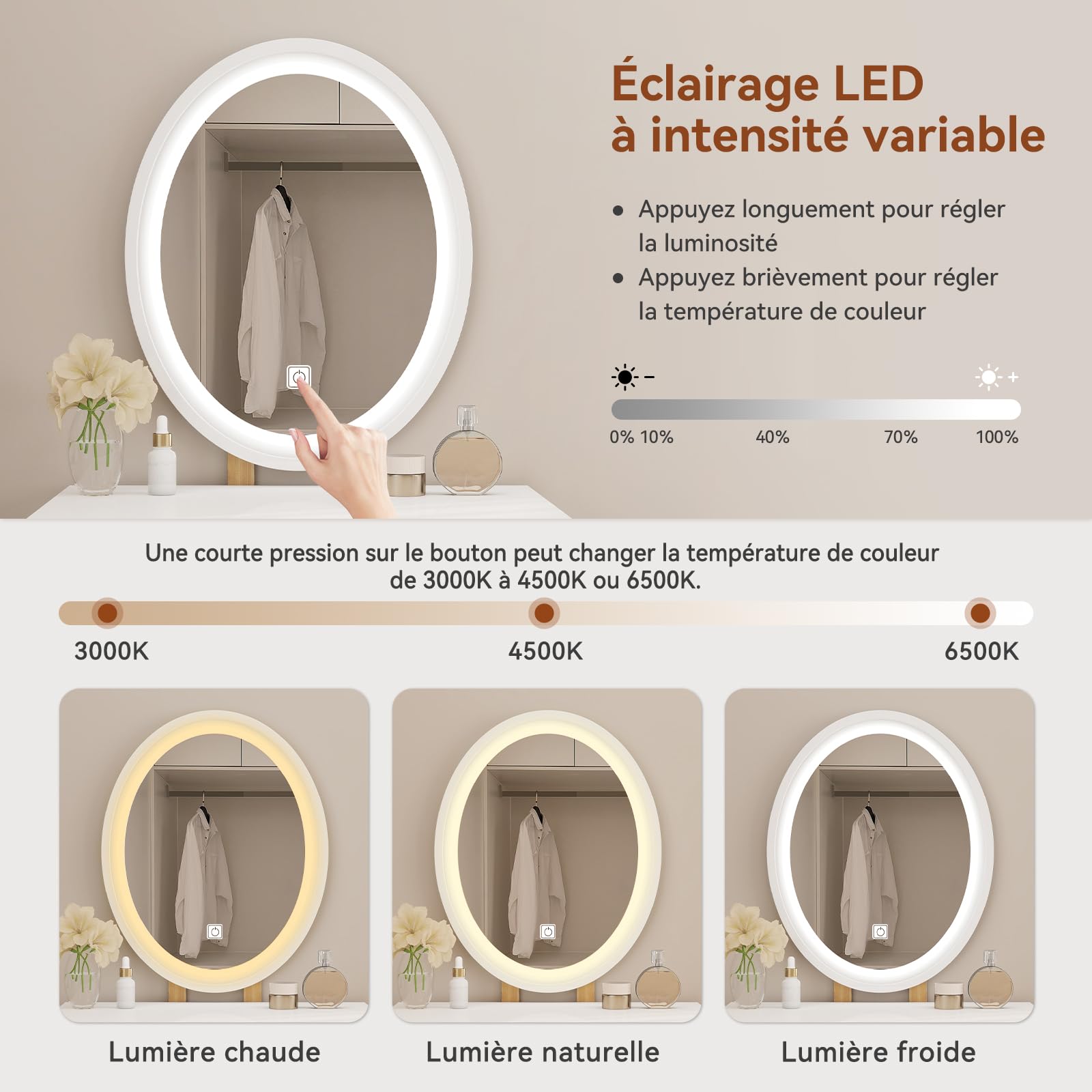YU YUSING Petite Coiffeuse LED 60 cm Largeur avec Miroir Ovale et Tabouret, 3 Couleurs, Lumière Dimmable, Table de Maquillage avec Rangement, Tiroir Coulissant, en Bois, Gain de Place, Couleur Bois