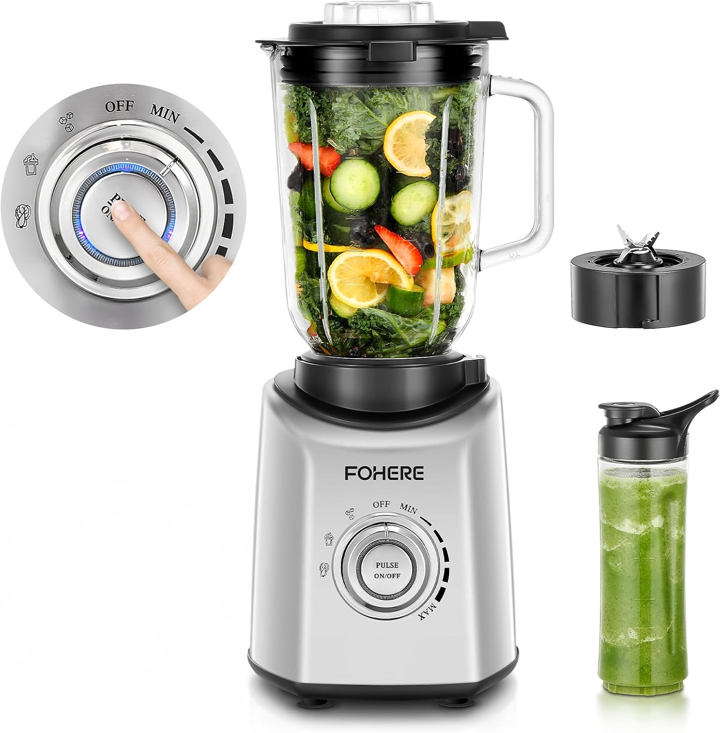 FOHERE Professional Blender Peak 1300W, Countertop Blender with 3 Presets＆ 5 Speeds for Smoothies, Shakes, and Frozen Drinks, 50 Oz Glass Jar ＆20 Oz Tritan Jug