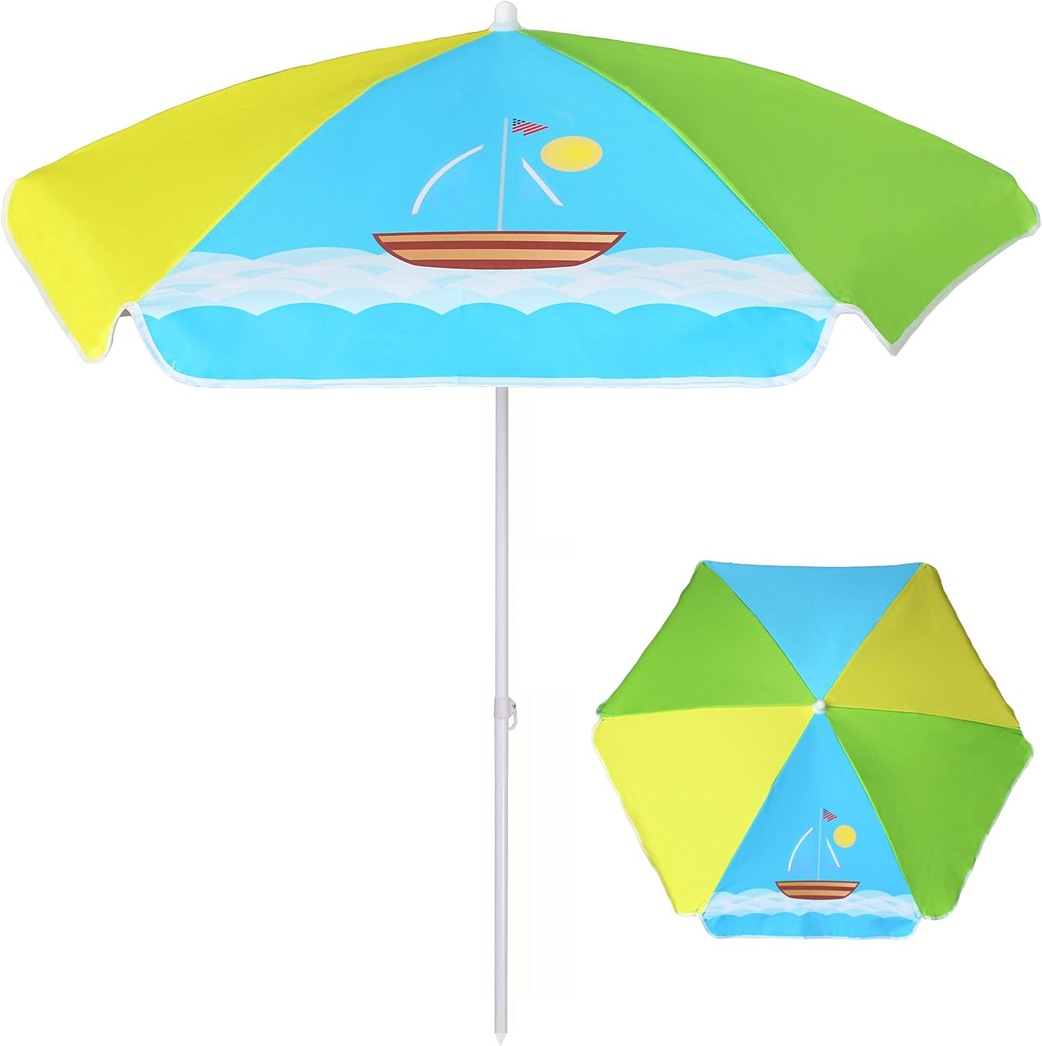 AMMSUN 47 Inch/ 5ft Seaside Umbrella for Sand and Water Table - Kids Durable Umbrellas for children Beach Camping Garden Outdoor Play Shade 5ft Green Yellow Boat