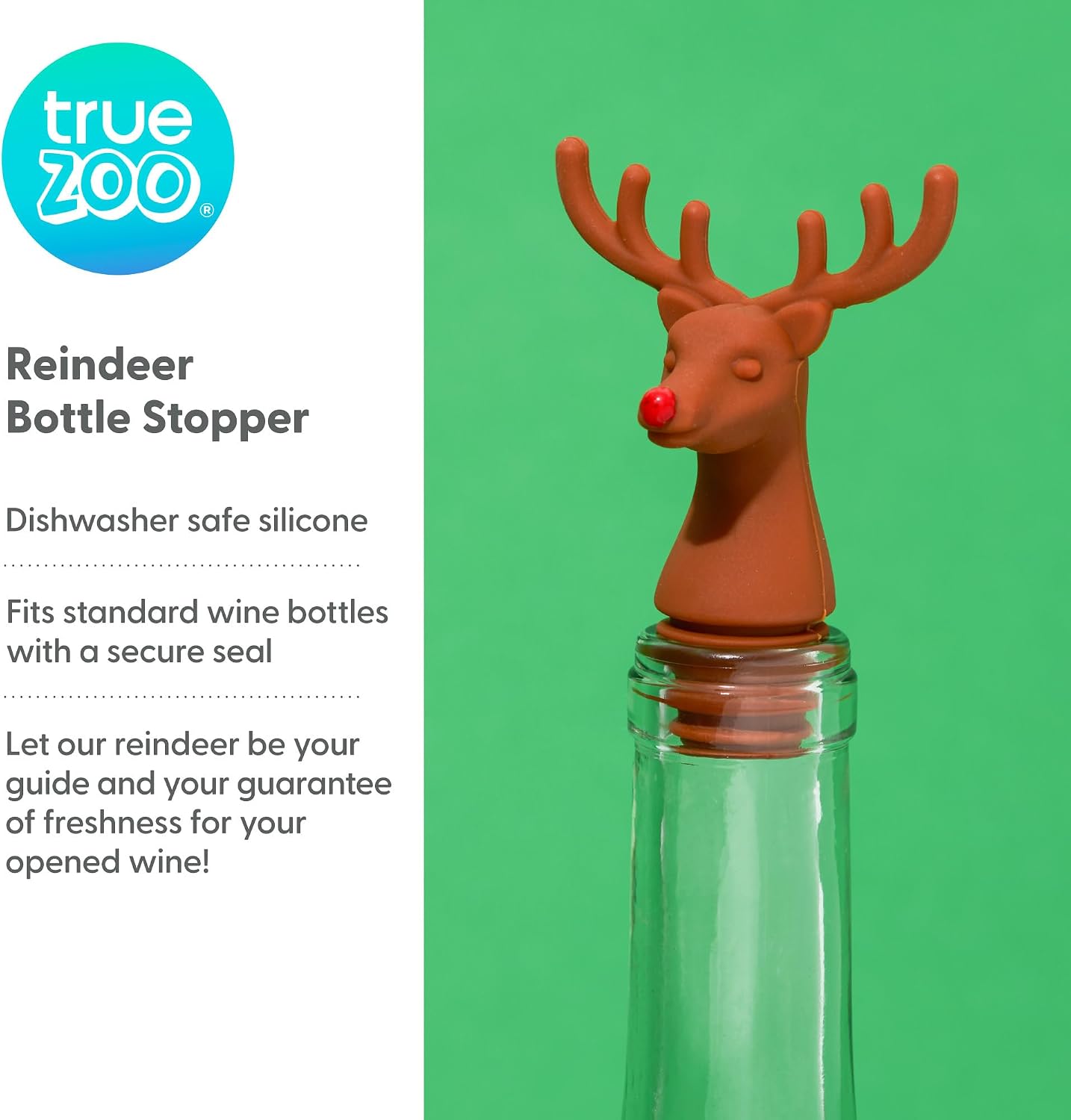 TrueZoo Reindeer Bottle Stopper, Christmas Animal Cork, Novelty Wine Stopper Stocking Stuffer Gift, Dishwasher Safe Silicone, Brown, Set of 1 image 2