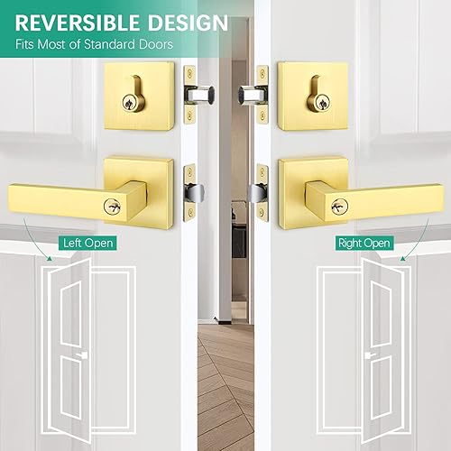 Miniatura 6 de Bonpoly 1 juego de manijas de puerta delantera, juego de cerradura de puerta cuadrada resistente con cerrojo de un solo cilindro, acabado de latón