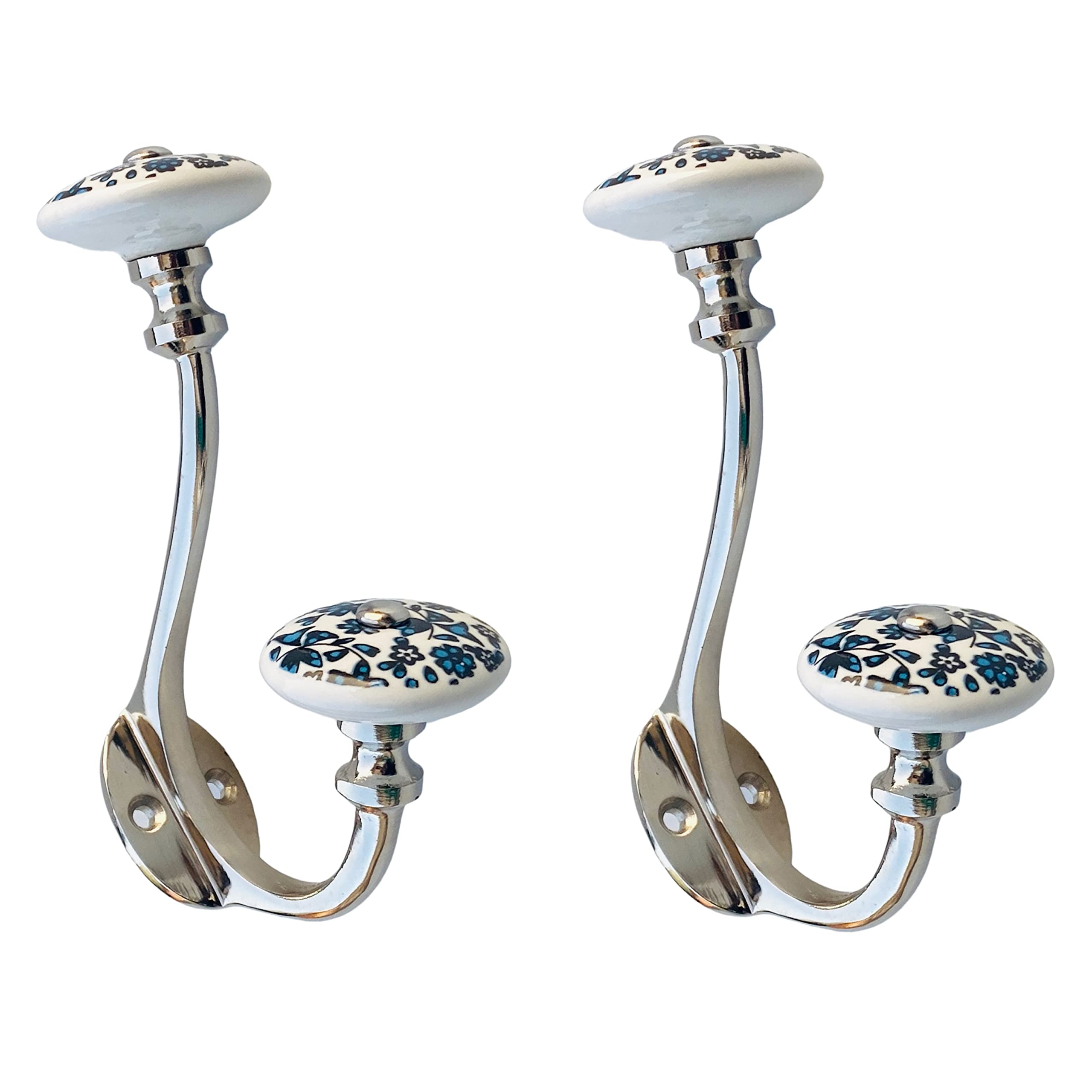 Maison Belle Ceramic Wall Hook - Silver Finish (Size 6 Inch, White Hand Painted) Pack of 2