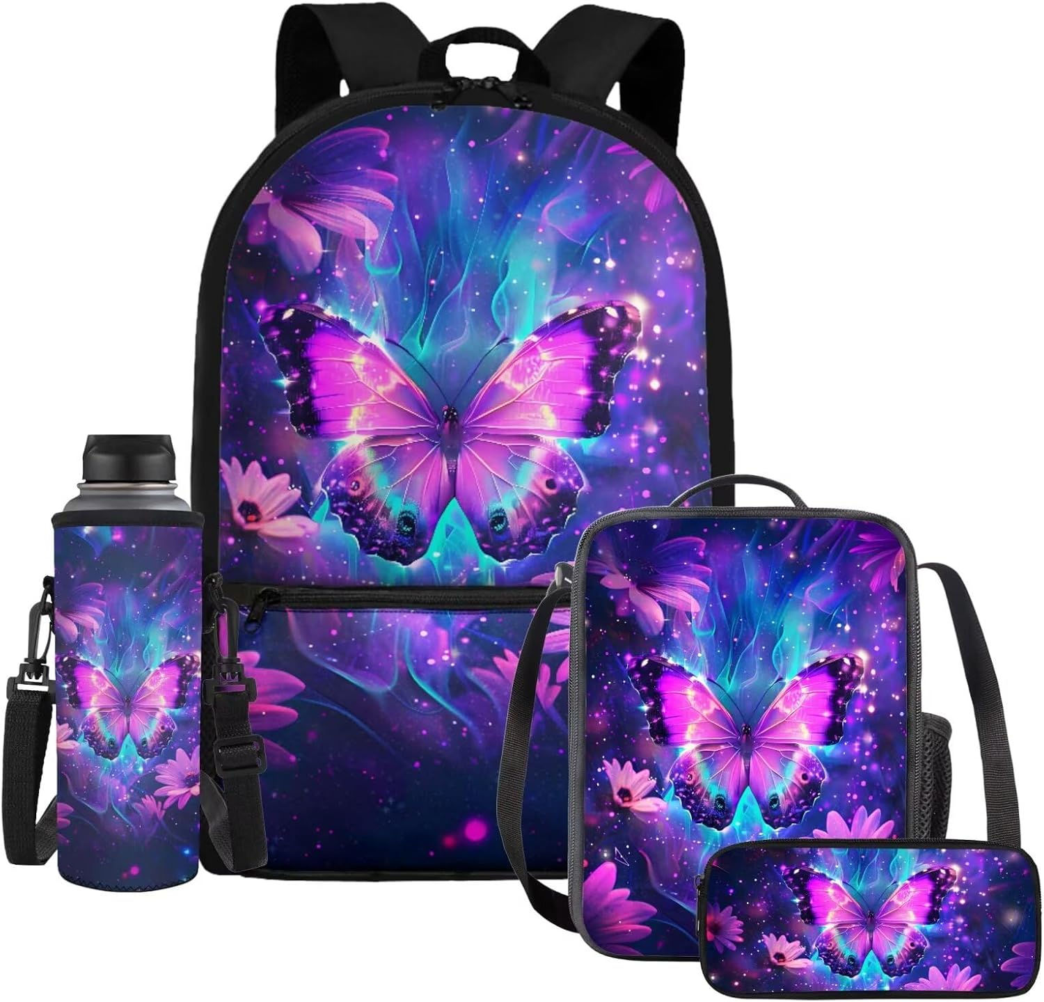 Purple Butterfly Backpack for School Girls 2nd Grade with Lunch Box Novelty Galaxy Bookbag and Lunch Bag Set 4-in-1 Elementary Student Back Pack Lunchbox Pencil Case Water Bottle Holder