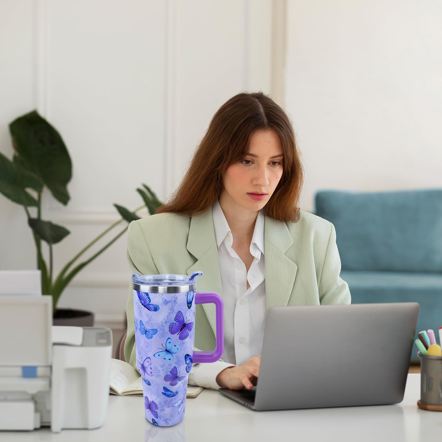 40 oz Purple Butterfly Tumbler with Handle and Straw, Travel Mug Water Bottle, Stainless Steel Insulated Cup with Lid and Straw, Birthday Christmas Gifts - Image 5