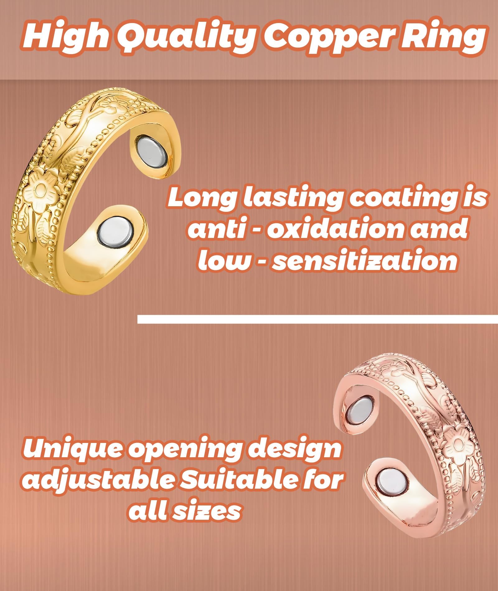 2Pcs Blood Sugar Control Ring Adjustable Magnetic, Copper Ring for Men Therapy Ring for Blood Sugar Management Diabetic Control for Men and Women (Gold, Pink) - Image 3 thumbnail