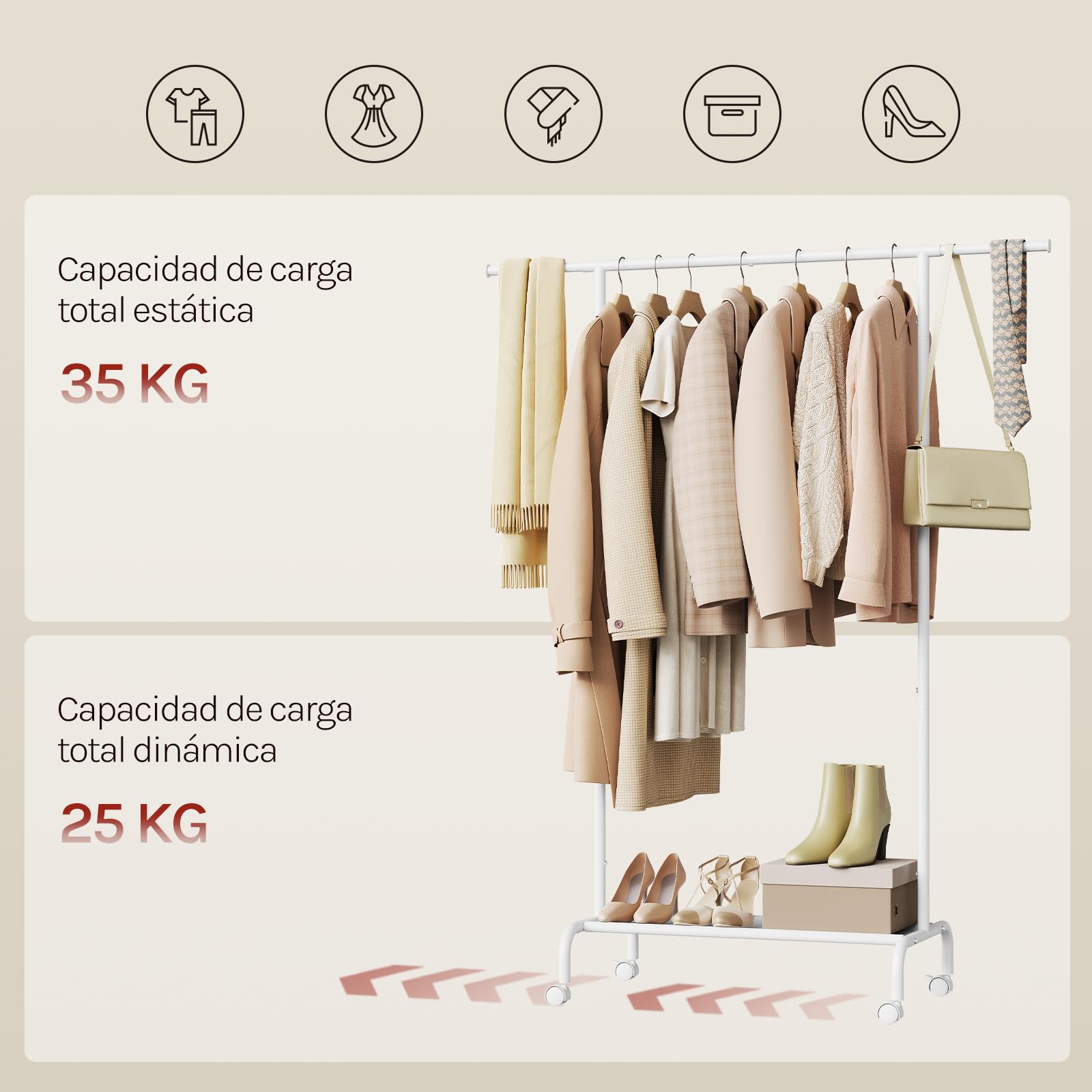 WOLTU Perchero Burro Ropa, Perchero de Pie con Ruedas, Barra Extansible y Estente de Almacenaje de Tela Oxford, Metal, Capacidad 70 kg, (84-124) x40x156 cm, para Dormitorio y Entrada, Blanco