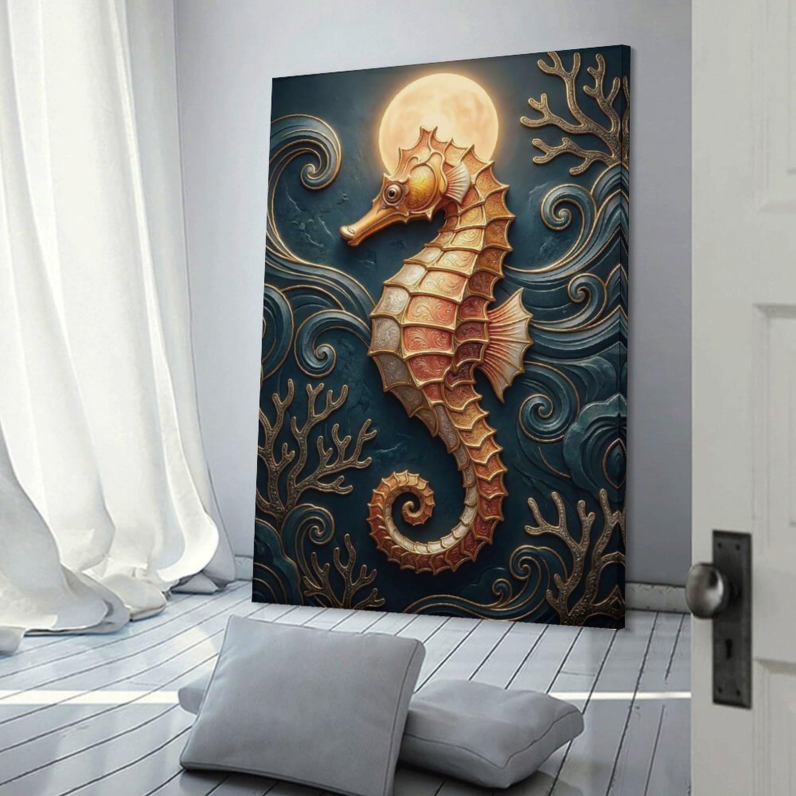 Junmoney Canvas Wall Decor Golden Seahorse Under The Moon, 12x18inch(30x45cm), for Bedroom Decor, Cosy Corners Or Studios, Decorative Wall Art for Cosy Rooms