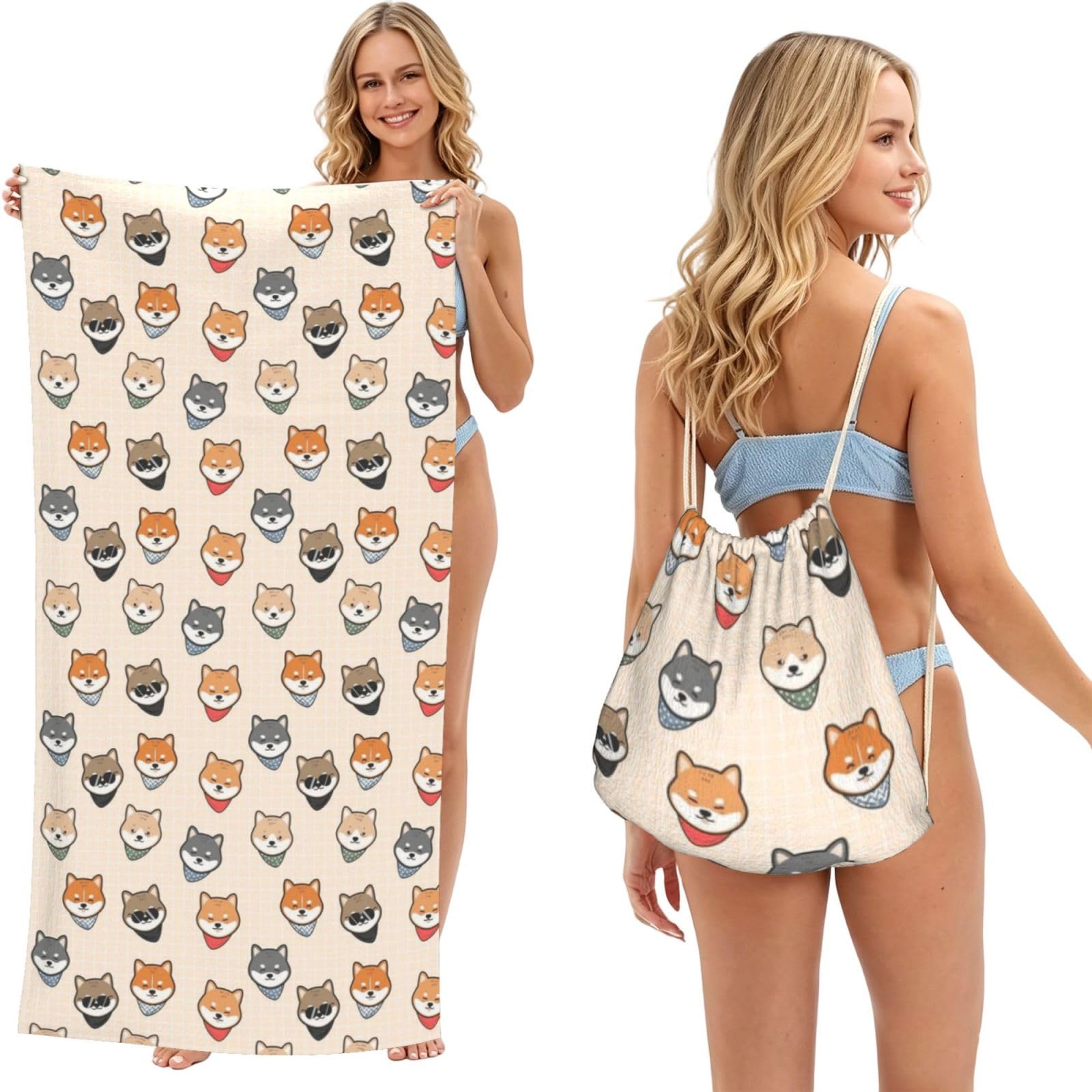 Poadnly As Picture Shiba Inu Shiba Inu Pattern, 2 In 1 Packable Towel Bag, Beach Towels With Drawstring Backpack For Travel Holiday Camping