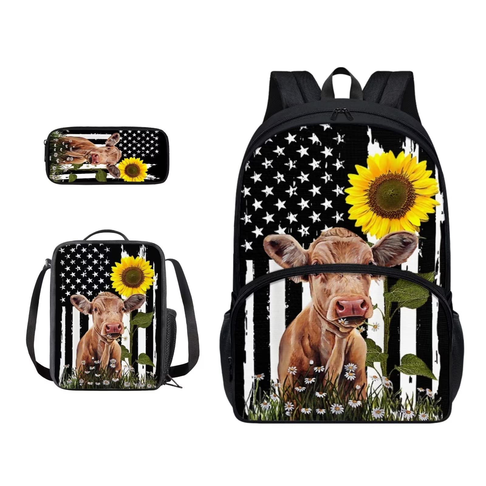 Poceacles Schultasche und Lunchbox-Set für Teenager, Jungen, Grundschule, Büchertasche, Federmäppchen für Grundschulkinder, Amerikanische Flagge Sonnenblumenpferd, Einheitsgröße