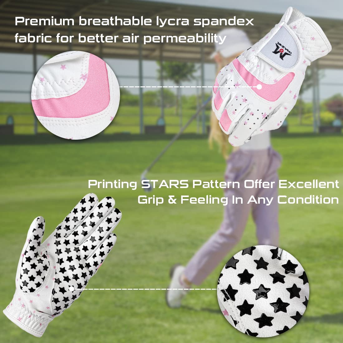 MAZEL Kids Golf Gloves for Youth Toddler Boys Girls, Right & Left Hand (1 Pair) Mircofiber Breathable Junior Golf Gloves, White Red Pink Blue Black Stars Color,Age 3-8 (Black Stars-Pink, L(Age 7-8))