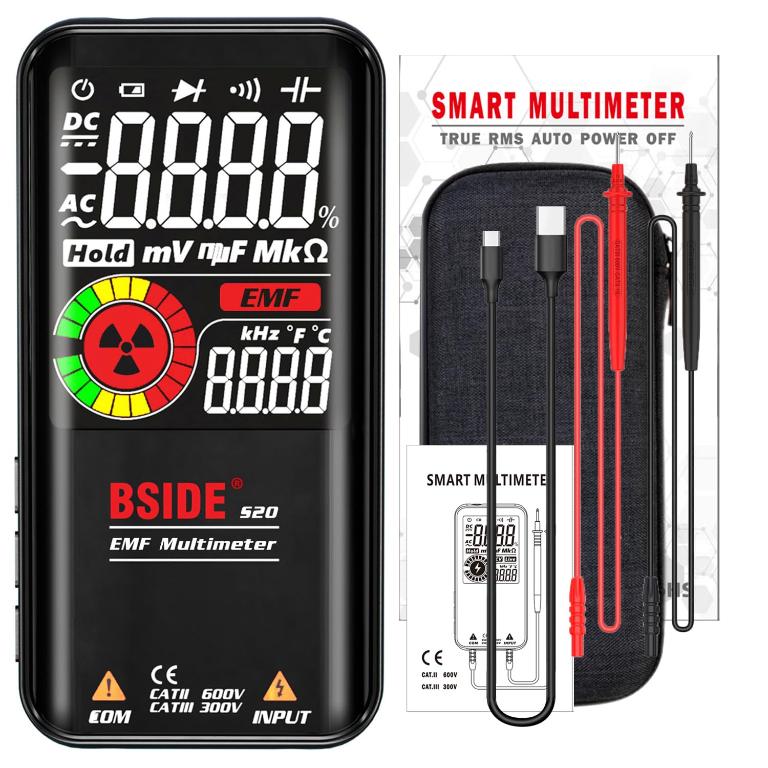 BSIDE S20 Multimetro Digitale Automatico Ricaricabile Display a Colori 3 Risultati Tester Intelligente con Rilevatore EMF Tester di Tensione Capacità Continuità Ohm Hz Diodo Filo Vivo con Custodia