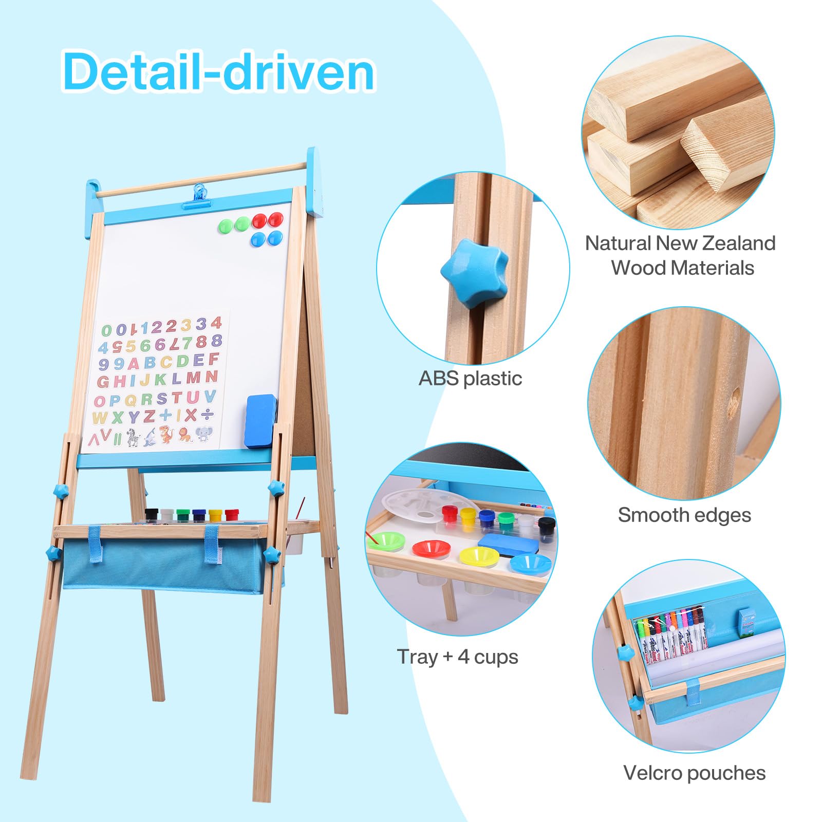 Lavagna per Bambini con Cavalletto Regolabile in Altezza 115-134cm, 3 in 1 Lavagna Magnetica e Bianca in Legno Massello con Rotolo di Carta e Kit 13 Accessori Lifting Drawing Board Bracket