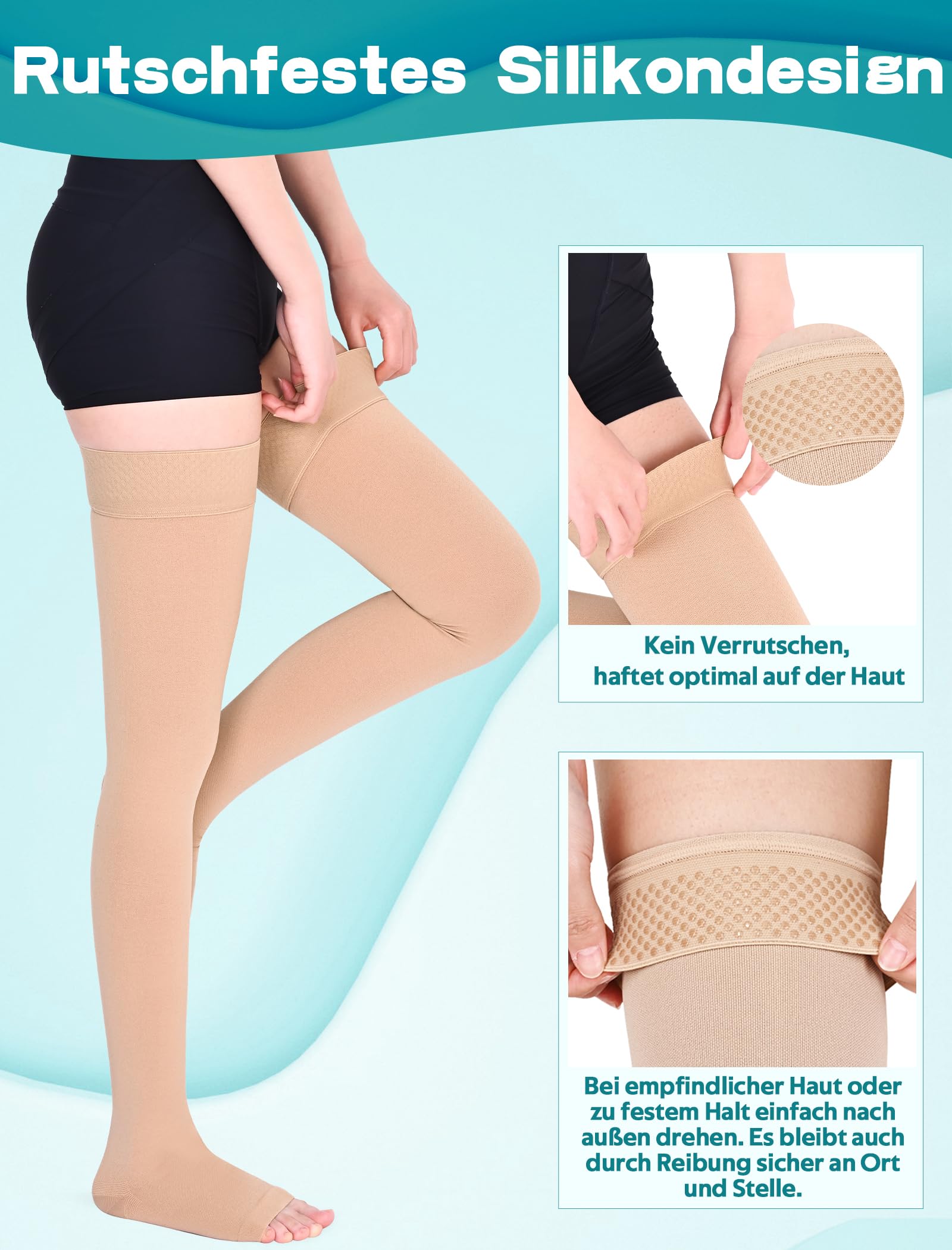 Lot de 2 paires de bas de compression médicaux de 20 à 30 mmHg pour homme et femme classe 2 - Bas de contention longs - Bout ouvert - Avec bande en silicone - Pour varices, œdèmes, vol