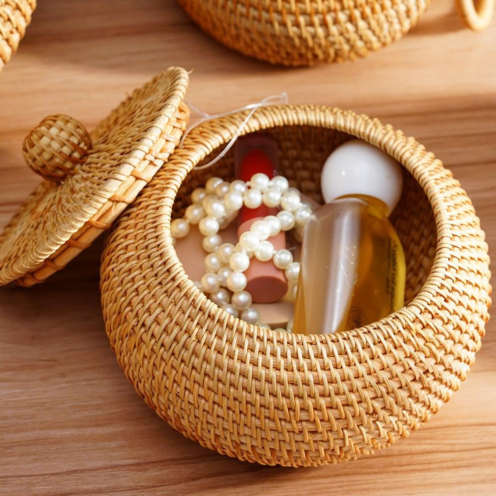Panier Rangement Rotin Rond Avec Couvercle 22x10 Cm - Boîte Décorative Tissée Main Cuisine Bureau