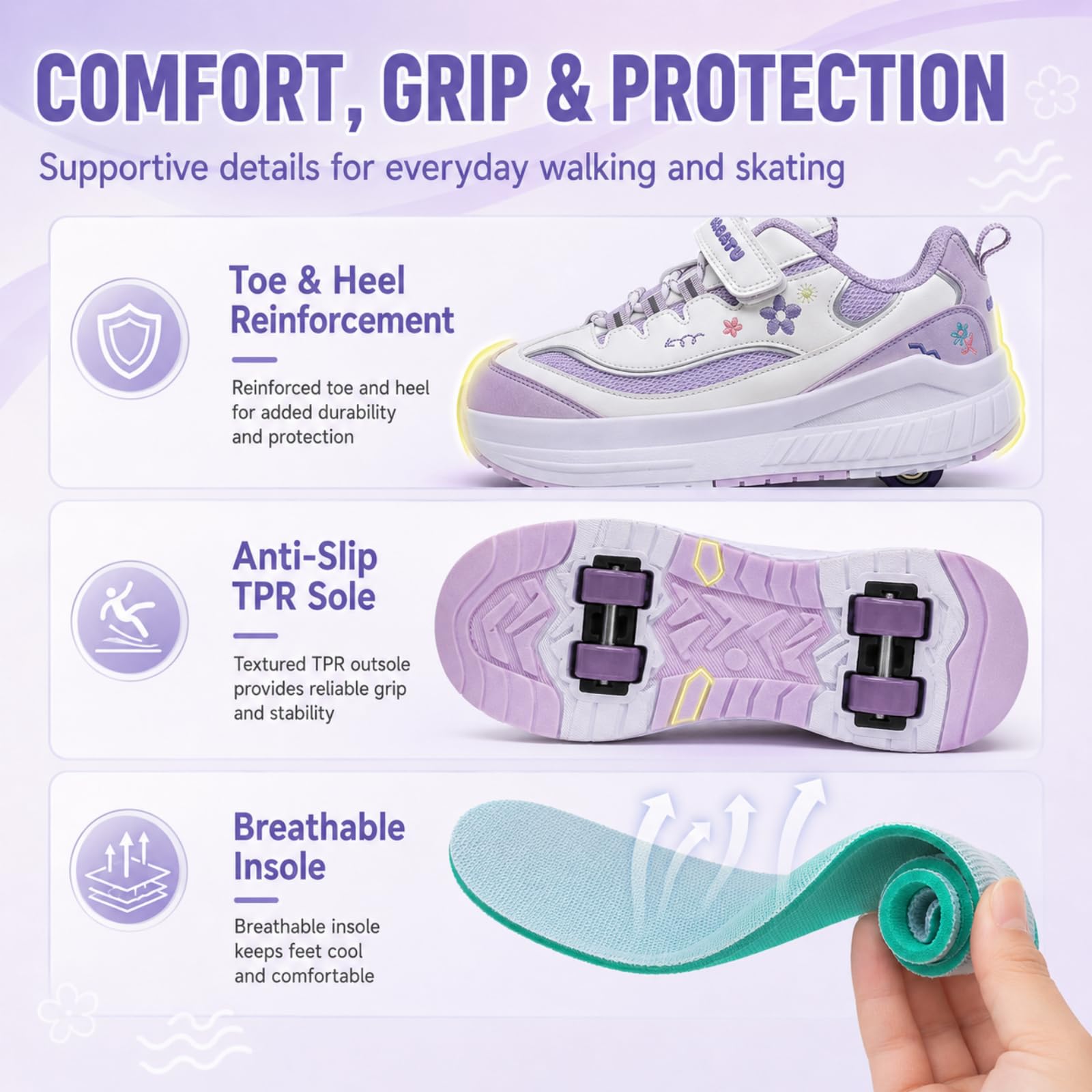 JJDFW Chaussures de patinage à roulettes 2 en 1 en maille respirante à LED pour fille avec 4 roues amovibles et broderie florale