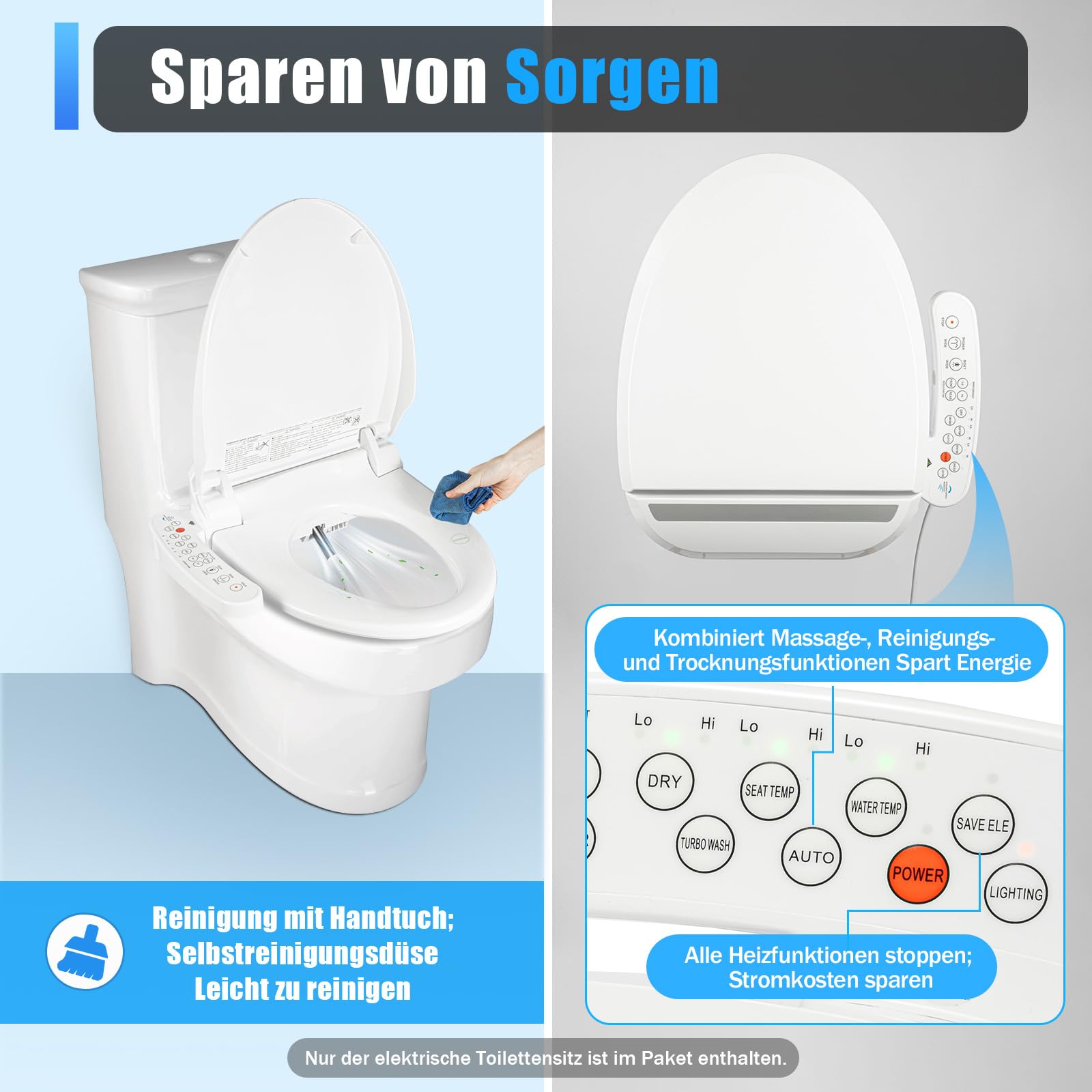 Inteligentna deska sedesowa, bidet, z dyszą, japońska toaleta, podgrzewana deska sedesowa, regulowane ciśnienie wody, suszenie gorącym powietrzem, łatwe czyszczenie
