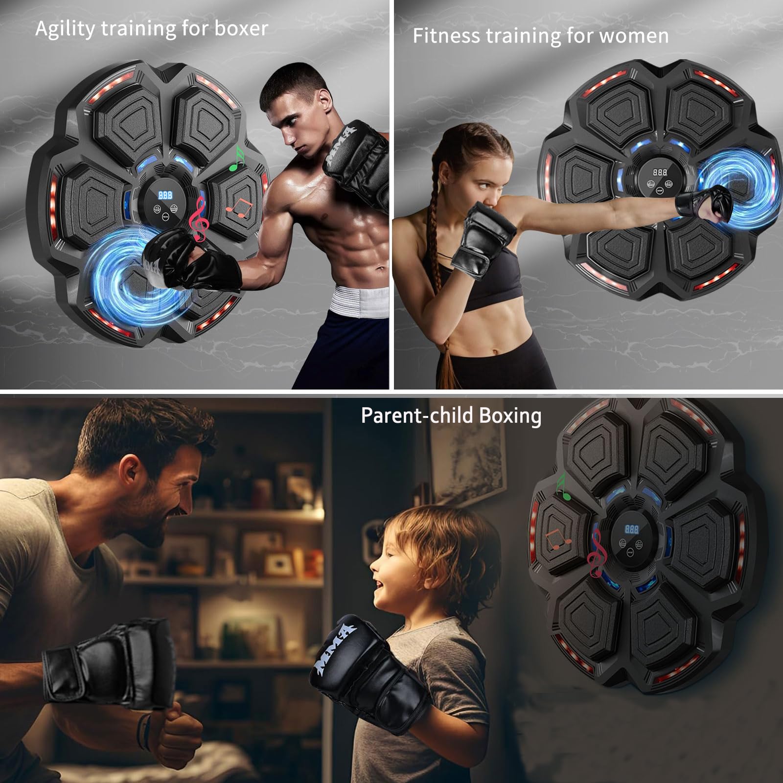 Music Boxing Machine, LED Musik Boxmaschine Unterstützt Bluetooth mit Boxhandschuhen, 9 Geschwindigkeitsmodi, 9 Trainingsmodi, Zählmodus, für Erwachsene und Kinder