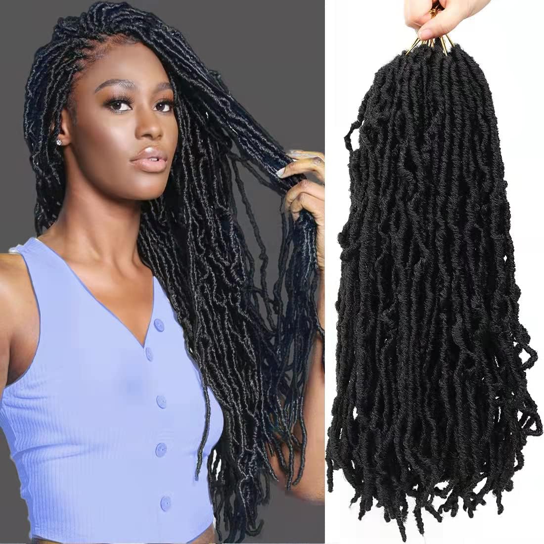Youngther 18 inch New Faux Locs Crochet Hair Curly 6 Packs New Soft Locs Crochet Hair for Black Women Pre Looped Synthetic Goddess Locs Braiding Hair (18inch 6packs,1B#)