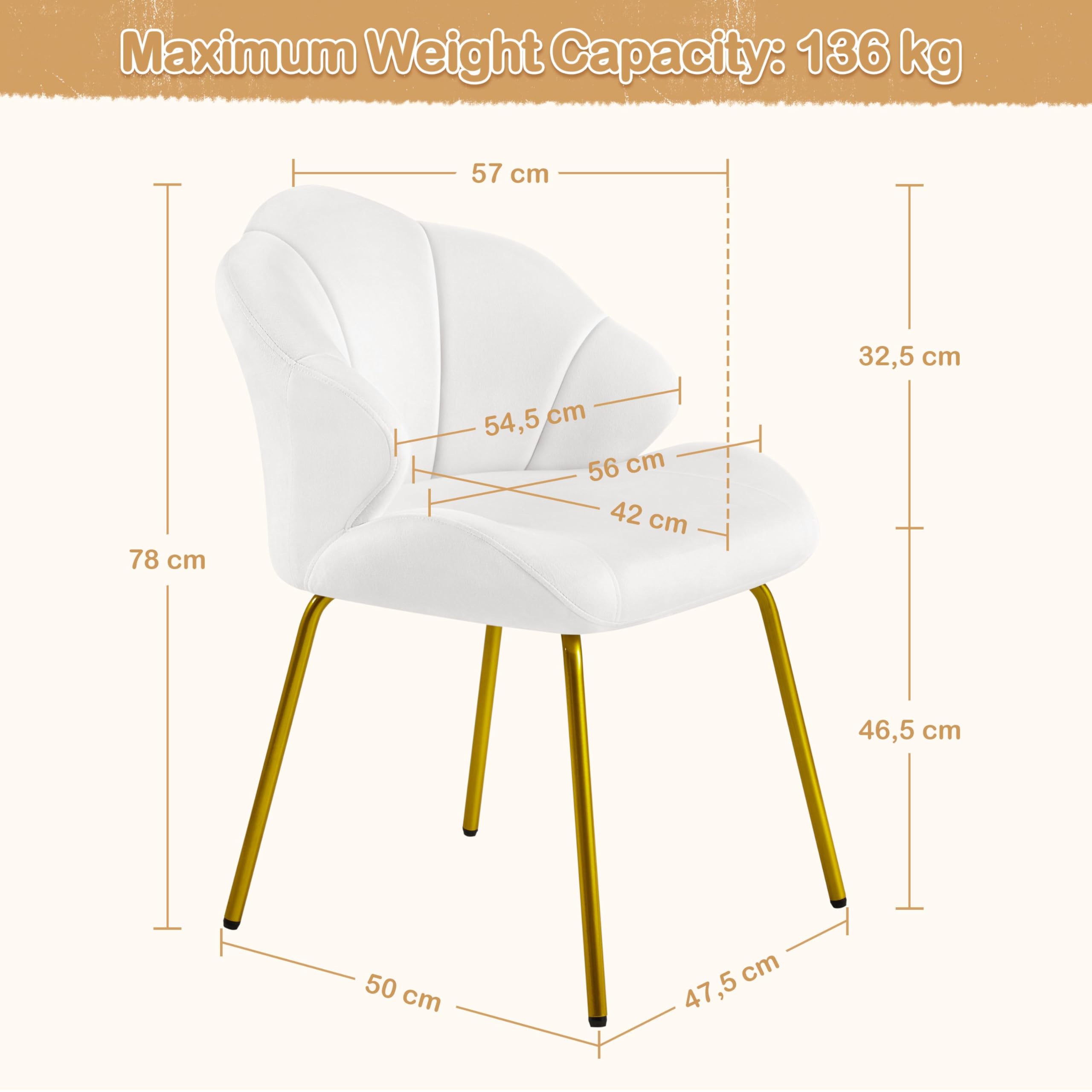 Yaheetech Chaise en Forme de Coquillage avec Pieds dorés pour Chambres de Salon, chaises latérales de Bureau Moderne Chaise de Maquillage Velours avec Assise de 42 x 56 cm Blanc