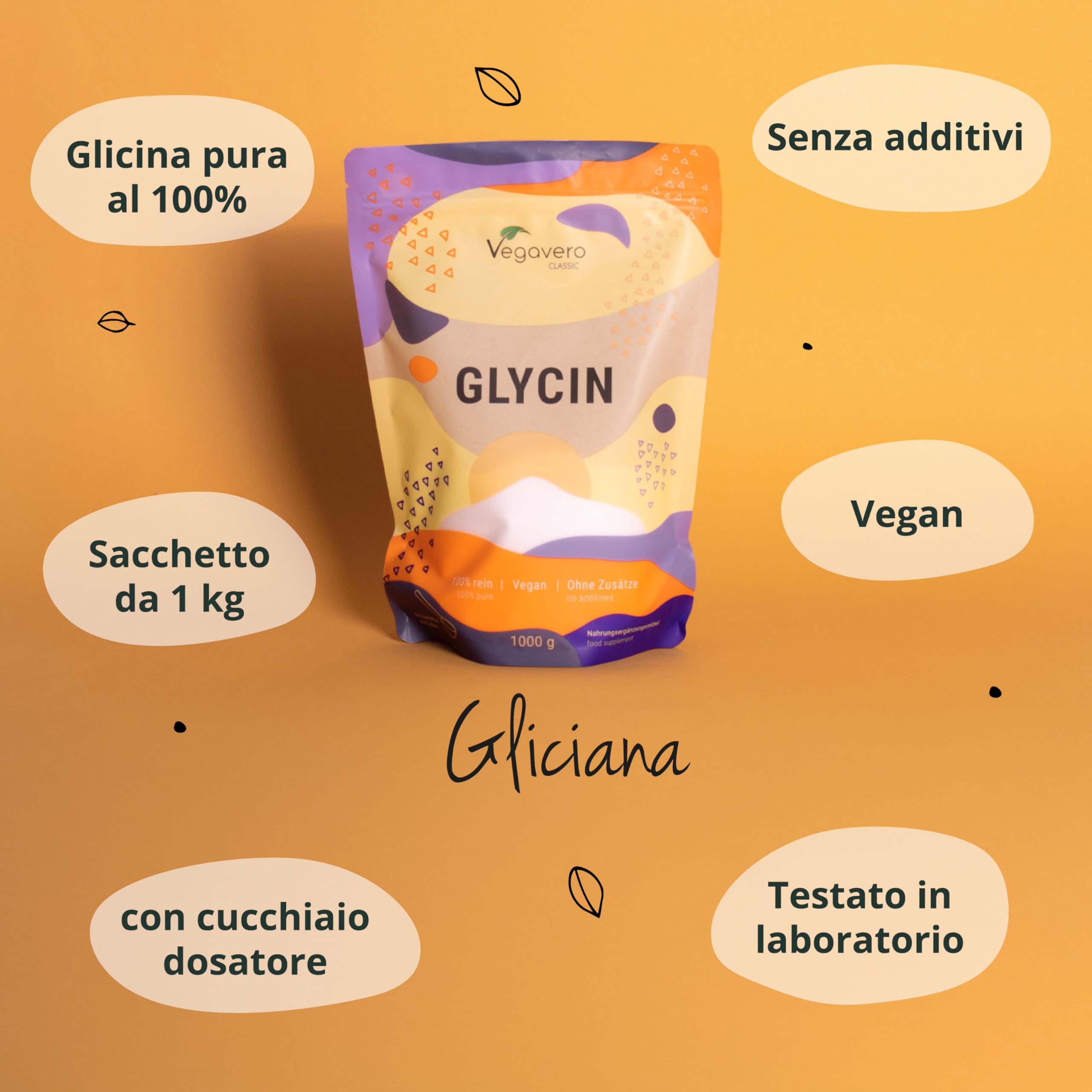 GLICINA Vegavero® | 1000 g (1 kg) in Polvere | 100% L-Glicina Pura | Senza Additivi | Integratore per Dormire Meglio e per Articolazioni | con Misurino | Vegan