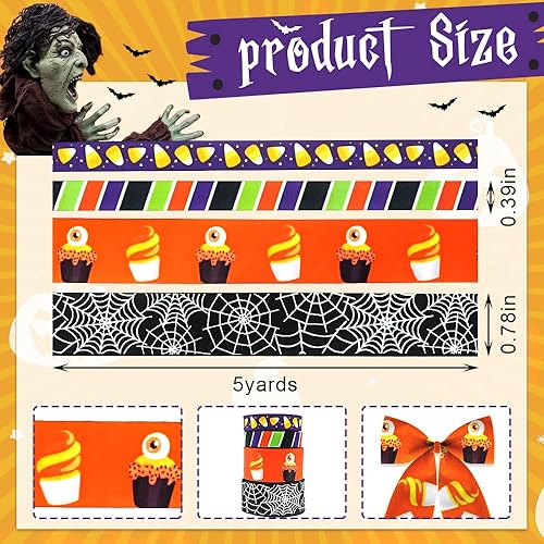 Miniatura 2 de 4 rollos de cinta de grogrén de Halloween de 38 pulgadas, cintas de tela de caramelo a rayas, cupcakes, cinta de satén decorativa negra y naranja
