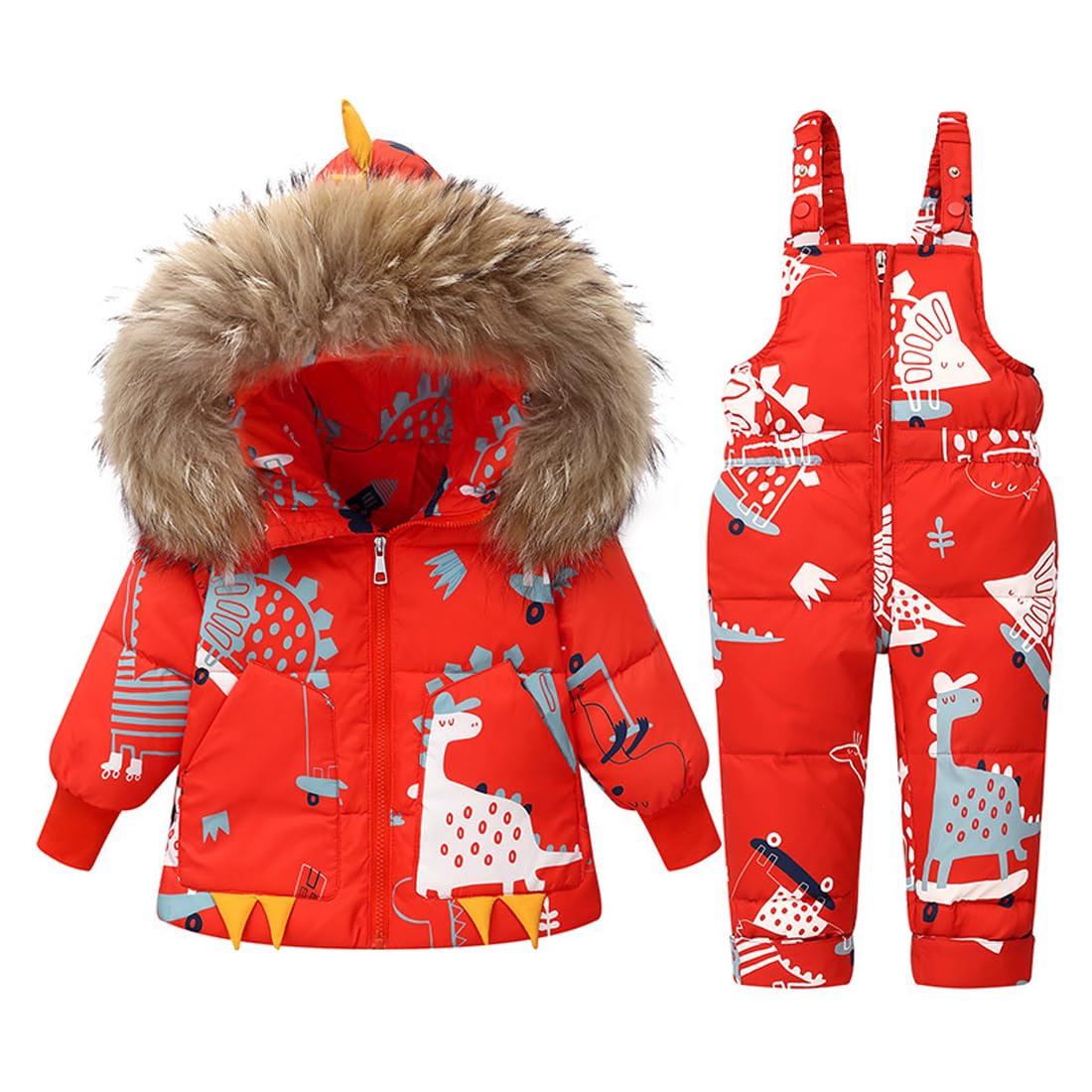 Trajes de Nieve 2 Piezas para Bebé Niña Invierno Chaqueta de Plumón Dinosaurios Abrigo con Babero de Nieve Pantalones Niños Traje de Esquí Ropa