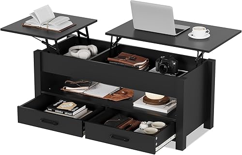 Miniatura 10 de Garvee Mesa de centro elevable con almacenamiento, mesa auxiliar de madera para sala de estar, 2 cajones, compartimento oculto y estante abierto,