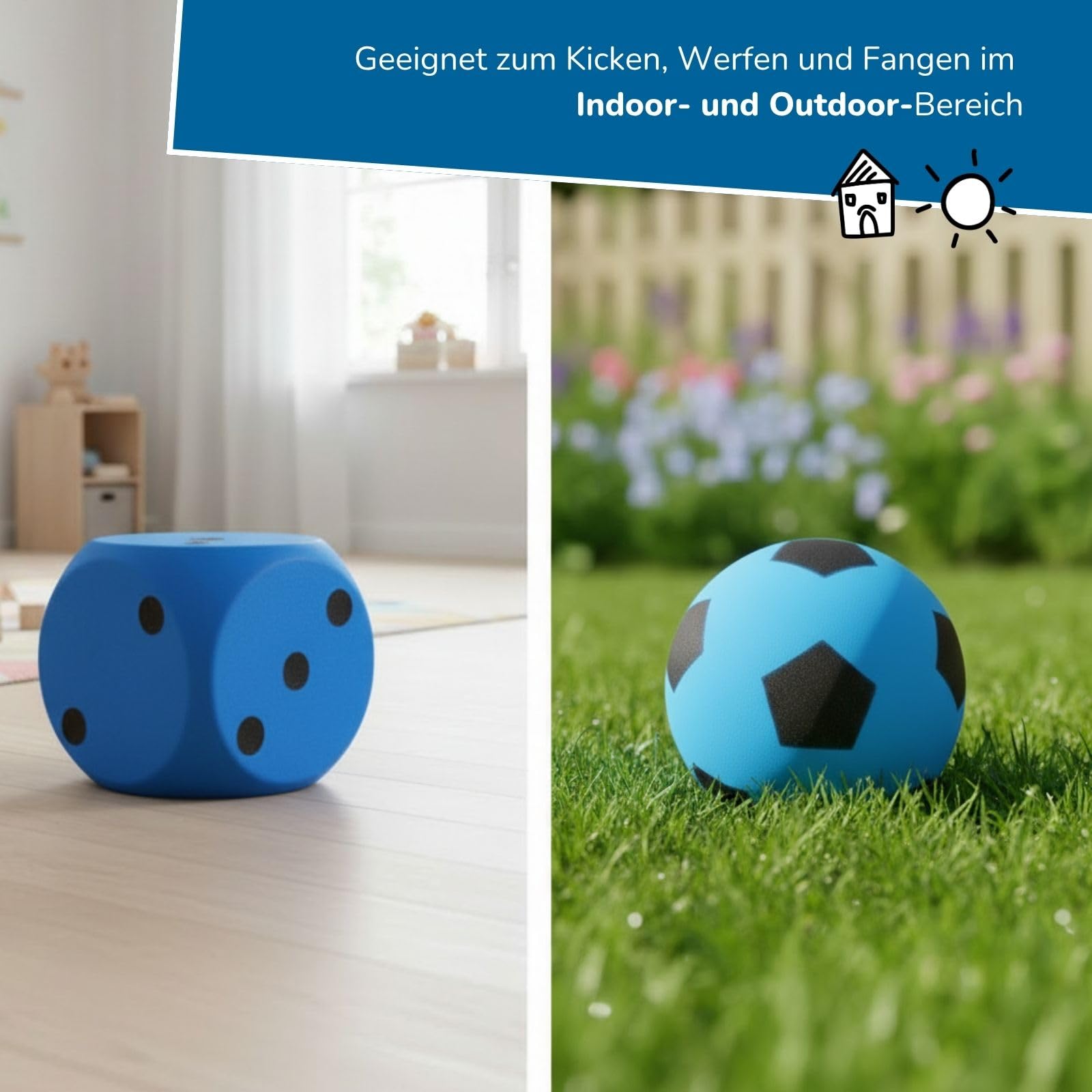 alldoro 68775 - Schaumstoffball & Schaumstoffwürfel Set, blau, extra weich & leise, Softball Ø 20 cm & Würfel 15 cm, Indoor & Outdoor, für Kinder ab 3 Jahre