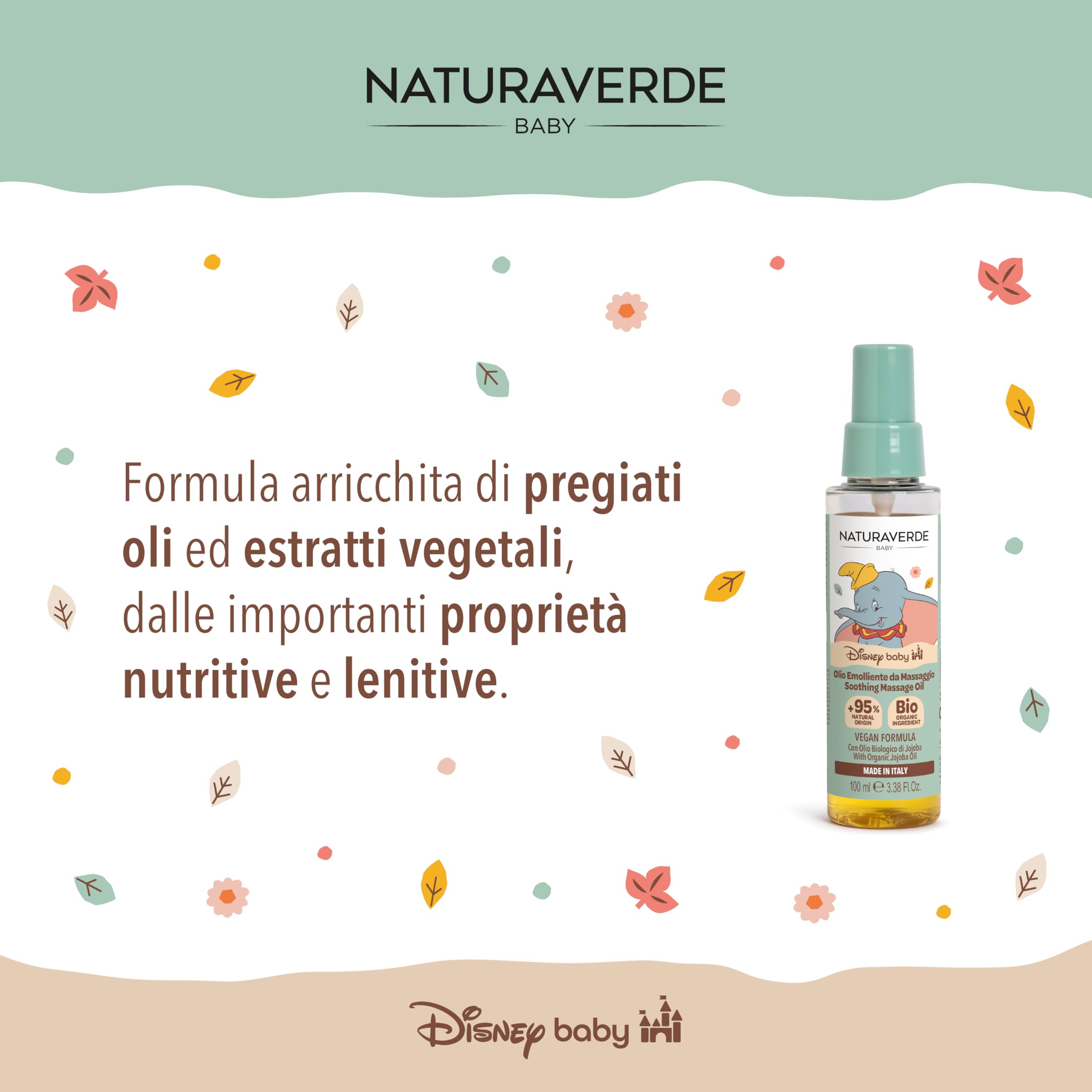 NATURAVERDE - Disney Baby Dumbo, Olio Massaggi Nutriente e Lenitivo 100ml, Con Estratti Vegetali, Ideale per Neonati