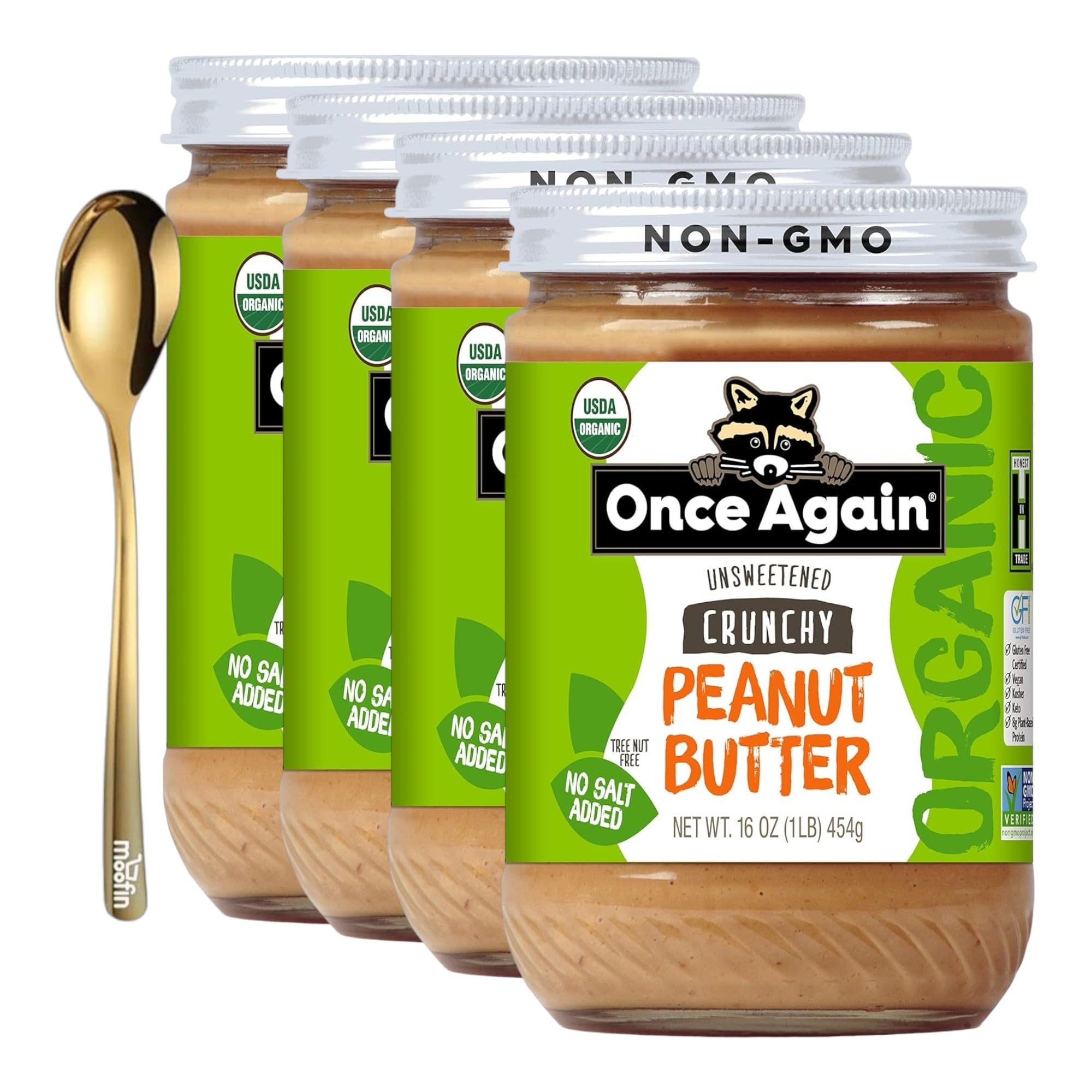 Once Again Peanut Butter Crunchy, 16 oz - Creamy Peanut Butter with Golden SS Spoon, Salt-Free & Unsweetened with, Ethically Sourced, Organic Peanut Butter, Kosher, Glass Jar [Pack of 4]